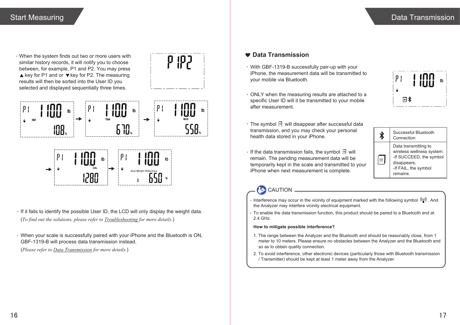 When the system finds out two or more users with similar history records, it will notify you to choose between, for example, P1 and P2. You may press      key for P1 and or     key for P2. The measuring results will then be sorted into the User ID you selected and displayed sequentially three times.1716Start Measuring Data TransmissionIf it fails to identify the possible User ID, the LCD will only display the weight data. (To find out the solutions, please refer to Troubleshooting for more details.)When your scale is successfully paired with your iPhone and the Bluetooth is ON, GBF-1319-B will process data transmission instead. (Please refer to Data Transmission for more details.)With GBF-1319-B successfully pair-up with your iPhone, the measurement data will be transmitted to your mobile via Bluetooth.ONLY when the measuring results are attached to a specific User ID will it be transmitted to your mobile after measurement.The symbol      will disappear after successful data transmission, and you may check your personal health data stored in your iPhone.If the data transmission fails, the symbol      will remain. The pending measurement data will be temporarily kept in the scale and transmitted to your iPhone when next measurement is complete.Successful Bluetooth ConnectionData transmitting to wireless wellness system:-If SUCCEED, the symbol disappears;-If FAIL, the symbol remains.Data TransmissionCAUTIONInterference may occur in the vicinity of equipment marked with the following symbol        . And the Analyzer may interfere vicinity electrical equipment.To enable the data transmission function, this product should be paired to a Bluetooth end at 2.4 GHz.How to mitigate possible interference?1. The range between the Analyzer and the Bluetooth end should be reasonably close, from 1 meter to 10 meters. Please ensure no obstacles between the Analyzer and the Bluetooth end so as to obtain quality connection.2. To avoid interference, other electronic devices (particularly those with Bluetooth transmission / Transmitter) should be kept at least 1 meter away from the Analyzer. 