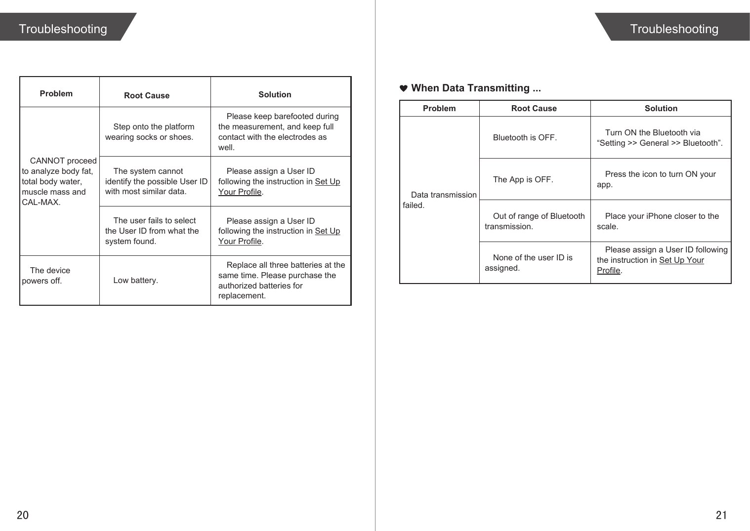 2120Problem Root Cause SolutionCANNOT proceed to analyze body fat, total body water, muscle mass and CAL-MAX.The device powers off. Low battery.Step onto the platform wearing socks or shoes.Please keep barefooted during the measurement, and keep full contact with the electrodes as well.Replace all three batteries at the same time. Please purchase the authorized batteries for replacement.The system cannot identify the possible User ID with most similar data.Please assign a User ID following the instruction in Set Up Your Profile.The user fails to select the User ID from what the system found.Please assign a User ID following the instruction in Set Up Your Profile.Problem Root Cause SolutionBluetooth is OFF.Data transmission failed.Turn ON the Bluetooth via “Setting &gt;&gt; General &gt;&gt; Bluetooth”.The App is OFF. Press the icon to turn ON your app.Place your iPhone closer to the scale.Please assign a User ID following the instruction in Set Up Your Profile.Out of range of Bluetooth transmission.None of the user ID is assigned.When Data Transmitting ...Troubleshooting Troubleshooting