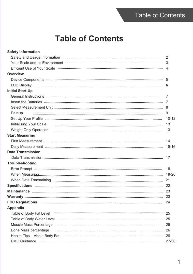 1Table of ContentsSafety InformationSafety and Usage Information Your Scale and Its EnvironmentEfficient Use of Your ScaleOverviewDevice ComponentsLCD DisplayInitial Start-UpGeneral InstructionsInsert the BatteriesSelect Measurement UnitPair-up Set Up Your Profile Initialising Your ScaleWeight Only OperationStart MeasuringFirst MeasurementDaily MeasurementData Transmission    Data TransmissionTroubleshootingError PromptWhen Measuring ...When Data TransmittingSpecificationsMaintenanceWarrantyFCC RegulationsAppendixTable of Body Fat LevelTable of Body Water LevelMuscle Mass PercentageBone Mass percentageHealth Tips – About Body FatEMC Guidance234 56 778910-121313  1415-16171819-202122232324252526262627-30..................................................................................................................................................................................................................................................................................................................................................................................................................................................................................................................................................................................................................................................................................................................................................................................................................................................................................................................................................................................................................................................................................................................................................................................................................................................................................................................................................................................................................................................................................................................................................................................................................................................................................................................................................................................................................................................................................................................................................................................................................................................................................................................................................................................................................................Table of Contents..........................................................................................................................................................................................................................................................................................................................................................................................................................................................................................................................................................................................................................................................................................................................................................................................................................................................................................................................................................................................................................................................