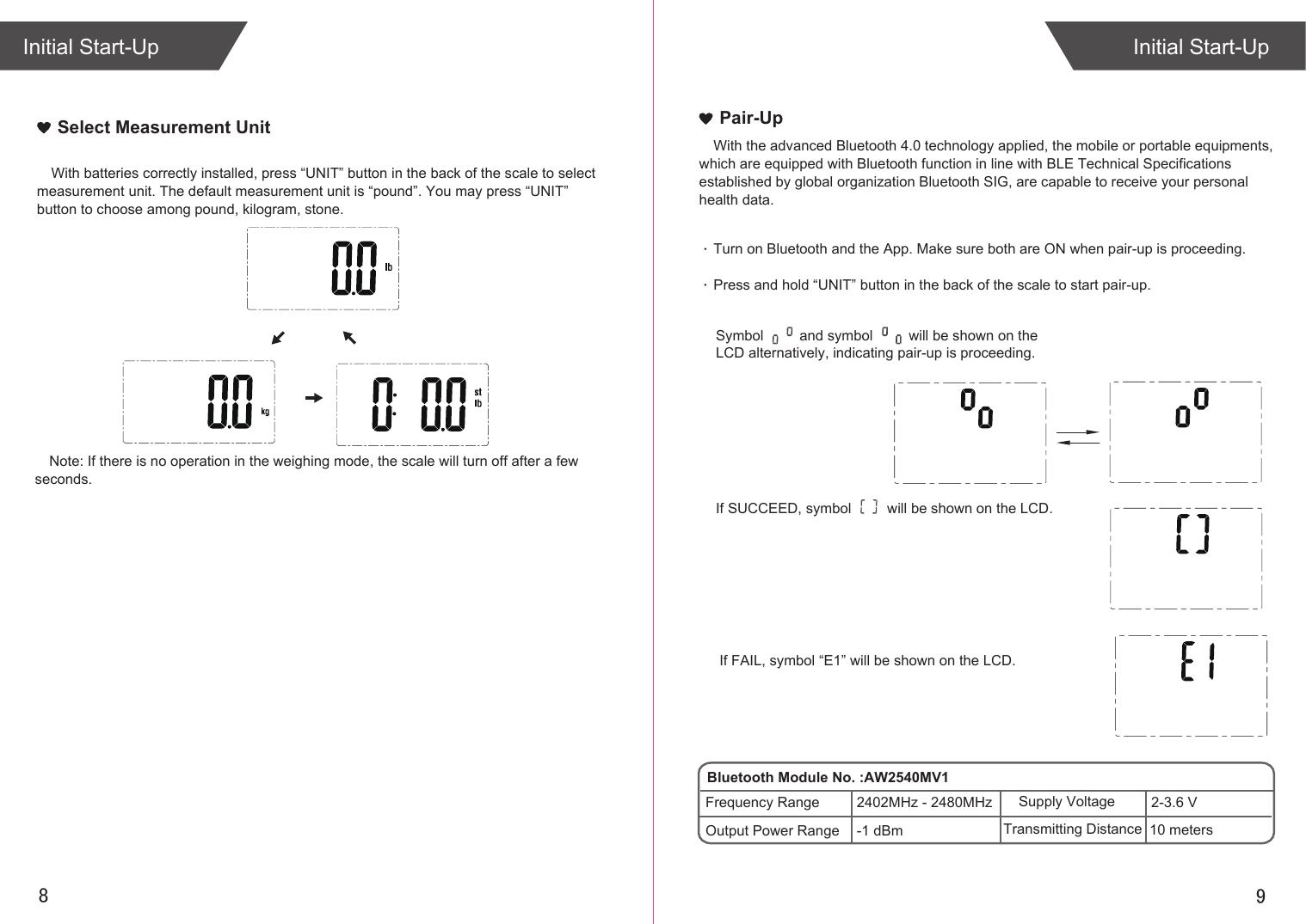 98With batteries correctly installed, press “UNIT” button in the back of the scale to select measurement unit. The default measurement unit is “pound”. You may press “UNIT” button to choose among pound, kilogram, stone.Initial Start-UpSelect Measurement UnitInitial Start-UpNote: If there is no operation in the weighing mode, the scale will turn off after a few seconds.If SUCCEED, symbol         will be shown on the LCD.If FAIL, symbol “E1” will be shown on the LCD.Pair-UpWith the advanced Bluetooth 4.0 technology applied, the mobile or portable equipments, which are equipped with Bluetooth function in line with BLE Technical Specifications  established by global organization Bluetooth SIG, are capable to receive your personal health data.Turn on Bluetooth and the App. Make sure both are ON when pair-up is proceeding.Press and hold “UNIT” button in the back of the scale to start pair-up. Symbol         and symbol         will be shown on the LCD alternatively, indicating pair-up is proceeding.Bluetooth Module No. :AW2540MV1Frequency RangeOutput Power RangeSupply Voltage2402MHz - 2480MHz-1 dBm2-3.6 VTransmitting Distance 10 meters
