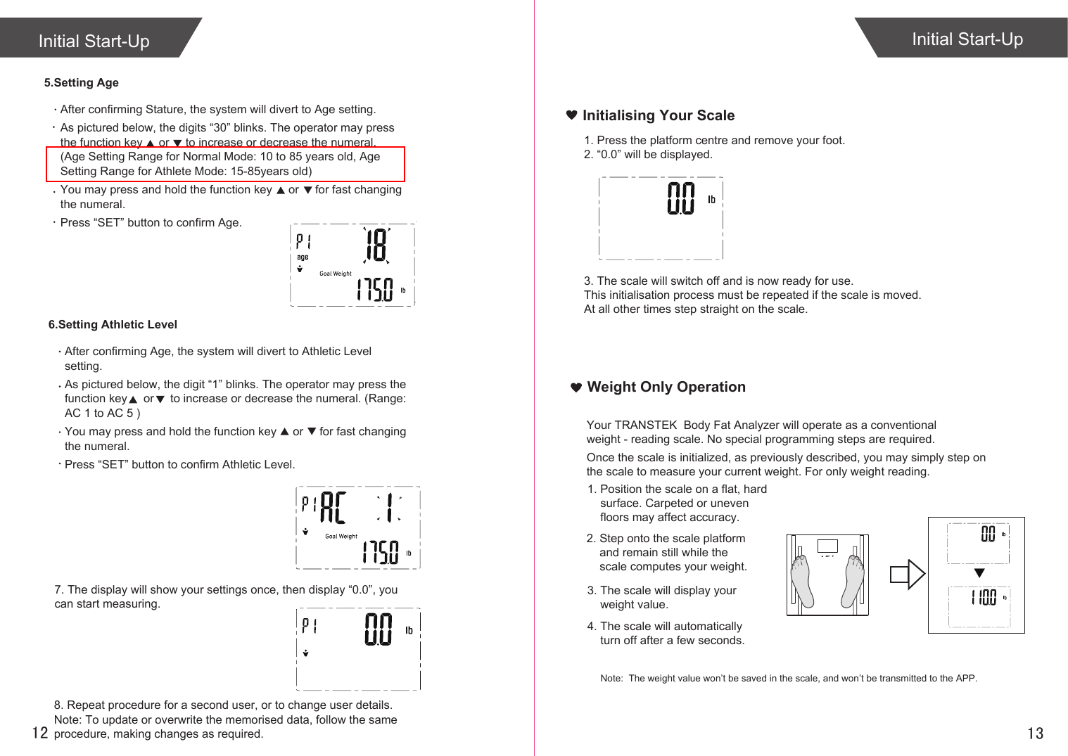 13126.Setting Athletic LevelAfter confirming Age, the system will divert to Athletic Level setting.As pictured below, the digit “1” blinks. The operator may press the function key     or     to increase or decrease the numeral. (Range: AC 1 to AC 5 )You may press and hold the function key     or     for fast changing the numeral. Press “SET” button to confirm Athletic Level.Weight Only OperationYour TRANSTEK  Body Fat Analyzer will operate as a conventionalweight - reading scale. No special programming steps are required.Once the scale is initialized, as previously described, you may simply step onthe scale to measure your current weight. For only weight reading.1. Position the scale on a flat, hard     surface. Carpeted or uneven    floors may affect accuracy.2. Step onto the scale platform    and remain still while the    scale computes your weight.3. The scale will display your    weight value.4. The scale will automatically    turn off after a few seconds.Note:  The weight value won’t be saved in the scale, and won’t be transmitted to the APP.1. Press the platform centre and remove your foot.2. “0.0” will be displayed.3. The scale will switch off and is now ready for use.This initialisation process must be repeated if the scale is moved.At all other times step straight on the scale.Initialising Your Scale5.Setting AgeAfter confirming Stature, the system will divert to Age setting.As pictured below, the digits “30” blinks. The operator may press the function key     or     to increase or decrease the numeral. (Age Setting Range for Normal Mode: 10 to 85 years old, Age Setting Range for Athlete Mode: 15-85years old)You may press and hold the function key     or     for fast changing the numeral. Press “SET” button to confirm Age.7. The display will show your settings once, then display “0.0”, you can start measuring. 8. Repeat procedure for a second user, or to change user details.Note: To update or overwrite the memorised data, follow the same procedure, making changes as required.Initial Start-UpInitial Start-Up
