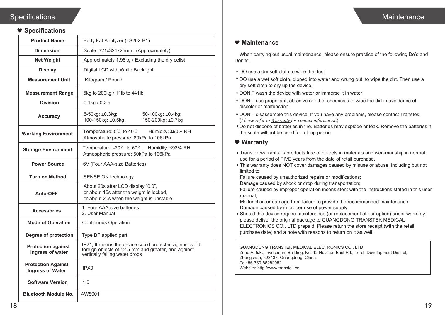 1918Specifications MaintenanceWhen carrying out usual maintenance, please ensure practice of the following Do’s and Don’ts:Transtek warrants its products free of defects in materials and workmanship in normal use for a period of FIVE years from the date of retail purchase.This warranty does NOT cover damages caused by misuse or abuse, including but not limited to: Failure caused by unauthorized repairs or modifications;Damage caused by shock or drop during transportation;Failure caused by improper operation inconsistent with the instructions stated in this user manual;Malfunction or damage from failure to provide the recommended maintenance;Damage caused by improper use of power supply.Should this device require maintenance (or replacement at our option) under warranty, please deliver the original package to GUANGDONG TRANSTEK MEDICAL ELECTRONICS CO., LTD prepaid. Please return the store receipt (with the retail purchase date) and a note with reasons to return on it as well.MaintenanceWarrantyGUANGDONG TRANSTEK MEDICAL ELECTRONICS CO., LTDZone A, 5/F., Investment Building, No. 12 Huizhan East Rd., Torch Development District, Zhongshan, 528437, Guangdong, ChinaTel: 86-760-88282982Website: http://www.transtek.cn DO use a dry soft cloth to wipe the dust.DO use a wet soft cloth, dipped into water and wrung out, to wipe the dirt. Then use a dry soft cloth to dry up the device.DON’T wash the device with water or immerse it in water.DON’T use propellant, abrasive or other chemicals to wipe the dirt in avoidance of discolor or malfunction.DON’T disassemble this device. If you have any problems, please contact Transtek. (Please refer to Warranty for contact information)Do not dispose of batteries in fire. Batteries may explode or leak. Remove the batteries if the scale will not be used for a long period.Kilogram / Pound5kg to 200kg / 11lb to 441lbBody Fat Analyzer (LS202-B1)  About 20s after LCD display “0.0”,   or about 15s after the weight is locked,  or about 20s when the weight is unstable.Scale: 321x321x25mm  (Approximately)Approximately 1.98kg ( Excluding the dry cells)Digital LCD with White BacklightSpecificationsProduct NameDimensionNet WeightDisplayMeasurement UnitMeasurement RangeDivision 0.1kg / 0.2lbAccuracy 5-50kg: ±0.3kg;100-150kg: ±0.5kg;Working Environment Temperature: 5℃ to 40℃Storage Environment Temperature: -20℃ to 60℃Power Source 6V (Four AAA-size Batteries)Turn on Method SENSE ON technologyAuto-OFFAccessories 1. Four AAA-size batteries2. User Manual50-100kg: ±0.4kg;150-200kg: ±0.7kgHumidity: ≤93% RHMode of Operation Continuous OperationHumidity: ≤90% RHDegree of protection Type BF applied partProtection AgainstIngress of WaterSoftware VersionIPX01.0Bluetooth Module No.  AW8001Atmospheric pressure: 50kPa to 106kPaAtmospheric pressure: 80kPa to 106kPaProtection against ingress of waterIP21, It means the device could protected against solidforeign objects of 12.5 mm and greater, and againstvertically falling water drops