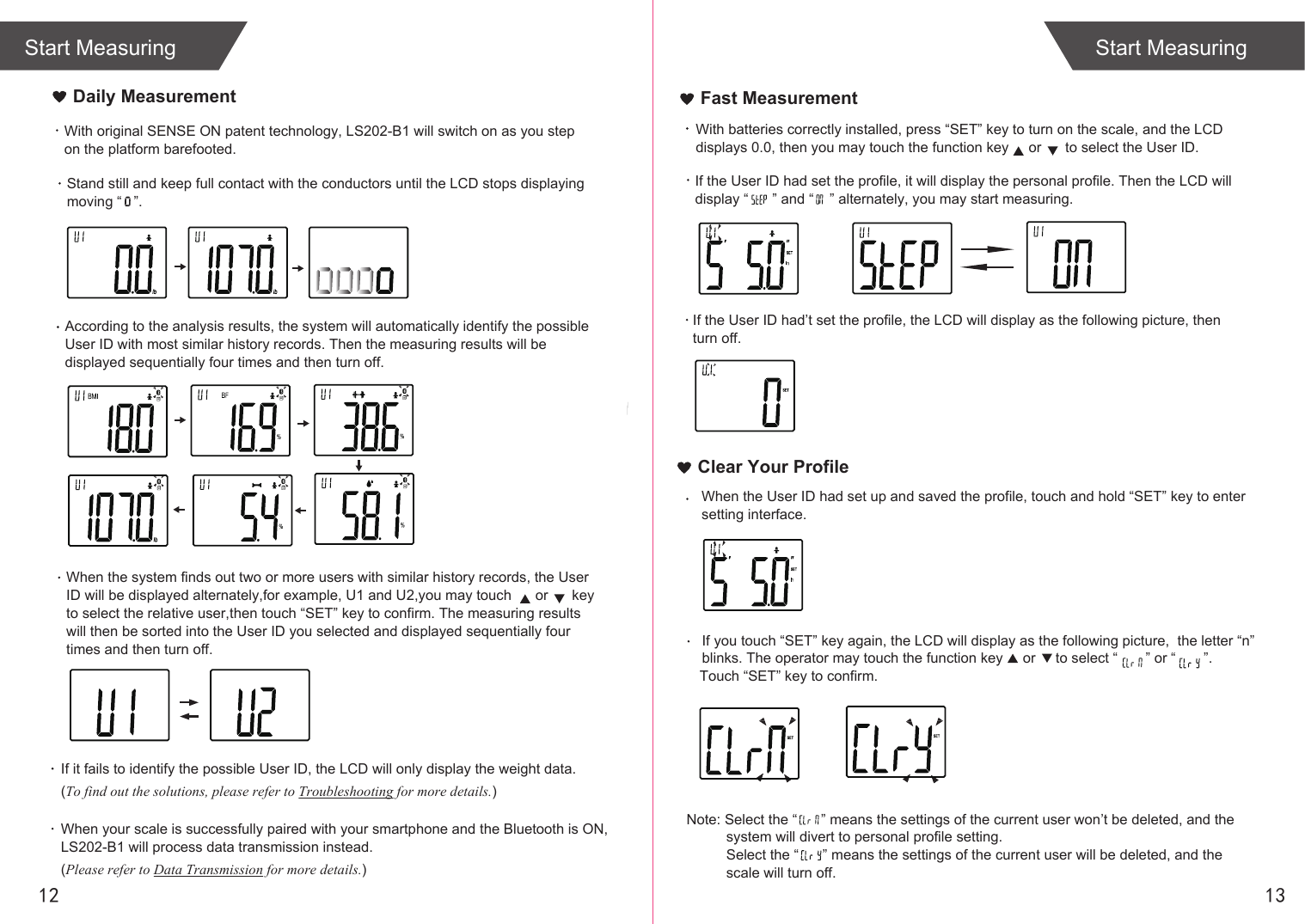 If the User ID had set the profile, it will display the personal profile. Then the LCD will display “      ” and “    ” alternately, you may start measuring. Fast MeasurementIf the User ID had’t set the profile, the LCD will display as the following picture, then turn off.12Start MeasuringWith original SENSE ON patent technology, LS202-B1 will switch on as you step on the platform barefooted. If it fails to identify the possible User ID, the LCD will only display the weight data. (To find out the solutions, please refer to Troubleshooting for more details.)When your scale is successfully paired with your smartphone and the Bluetooth is ON, LS202-B1 will process data transmission instead. (Please refer to Data Transmission for more details.)Daily MeasurementStand still and keep full contact with the conductors until the LCD stops displaying moving “   ”.13Start MeasuringAccording to the analysis results, the system will automatically identify the possible User ID with most similar history records. Then the measuring results will be displayed sequentially four times and then turn off.When the system finds out two or more users with similar history records, the User ID will be displayed alternately,for example, U1 and U2,you may touch      or      key to select the relative user,then touch “SET” key to confirm. The measuring results will then be sorted into the User ID you selected and displayed sequentially four times and then turn off.With batteries correctly installed, press “SET” key to turn on the scale, and the LCD displays 0.0, then you may touch the function key     or      to select the User ID.Note: Select the “      ” means the settings of the current user won’t be deleted, and the           system will divert to personal profile setting.          Select the “      ” means the settings of the current user will be deleted, and the           scale will turn off.  Clear Your ProfileWhen the User ID had set up and saved the profile, touch and hold “SET” key to enter setting interface. If you touch “SET” key again, the LCD will display as the following picture,  the letter “n” blinks. The operator may touch the function key     or     to select “       ” or “       ”.   Touch “SET” key to confirm.