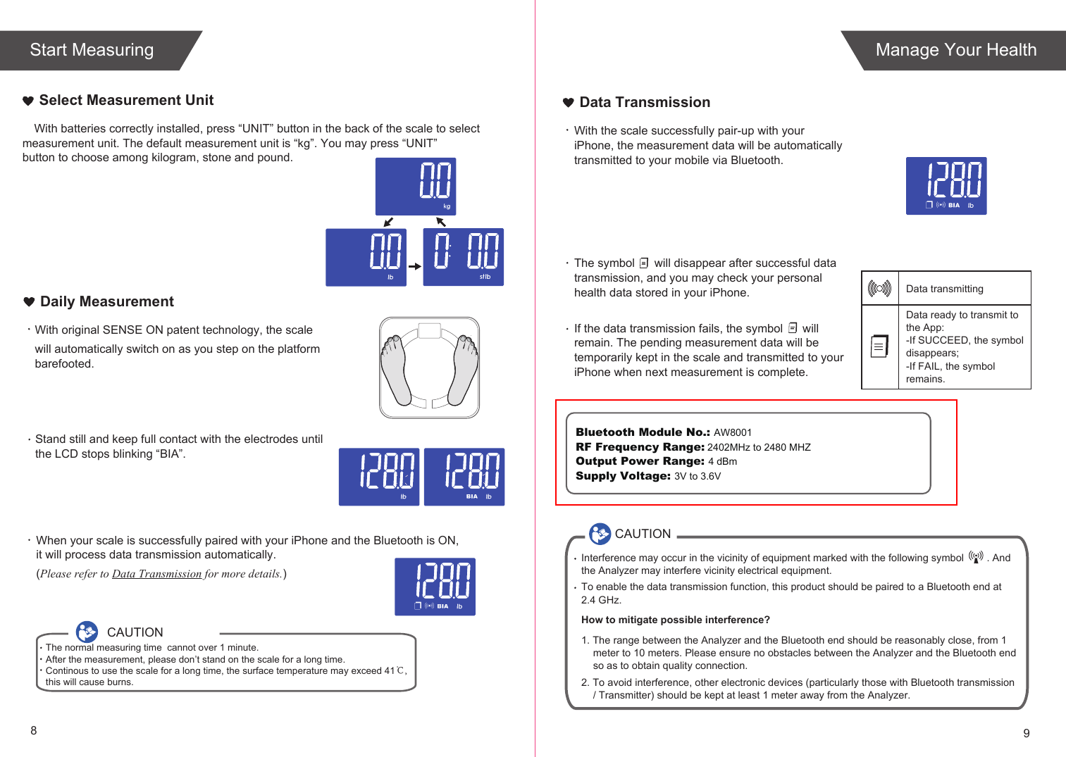 89Start Measuring Manage Your HealthWith batteries correctly installed, press “UNIT” button in the back of the scale to select measurement unit. The default measurement unit is “kg”. You may press “UNIT” button to choose among kilogram, stone and pound.Select Measurement UnitWith original SENSE ON patent technology, the scale will automatically switch on as you step on the platform barefooted. Stand still and keep full contact with the electrodes until the LCD stops blinking “BIA”.When your scale is successfully paired with your iPhone and the Bluetooth is ON, it will process data transmission automatically. (Please refer to Data Transmission for more details.)Daily MeasurementWith the scale successfully pair-up with your iPhone, the measurement data will be automatically transmitted to your mobile via Bluetooth.The symbol      will disappear after successful data transmission, and you may check your personal health data stored in your iPhone.If the data transmission fails, the symbol      will remain. The pending measurement data will be temporarily kept in the scale and transmitted to your iPhone when next measurement is complete.Data ready to transmit toData transmitting the App:-If SUCCEED, the symbol disappears;-If FAIL, the symbol remains.Data TransmissionCAUTIONInterference may occur in the vicinity of equipment marked with the following symbol        . And the Analyzer may interfere vicinity electrical equipment.To enable the data transmission function, this product should be paired to a Bluetooth end at 2.4 GHz.How to mitigate possible interference?1. The range between the Analyzer and the Bluetooth end should be reasonably close, from 1 meter to 10 meters. Please ensure no obstacles between the Analyzer and the Bluetooth end so as to obtain quality connection.2. To avoid interference, other electronic devices (particularly those with Bluetooth transmission / Transmitter) should be kept at least 1 meter away from the Analyzer. Bluetooth Module No.: AW8001RF Frequency Range: 2402MHz to 2480 MHZOutput Power Range: 4 dBmSupply Voltage: 3V to 3.6VCAUTIONThe normal measuring time  cannot over 1 minute.After the measurement, please don’t stand on the scale for a long time.Continous to use the scale for a long time, the surface temperature may exceed 41℃,this will cause burns.