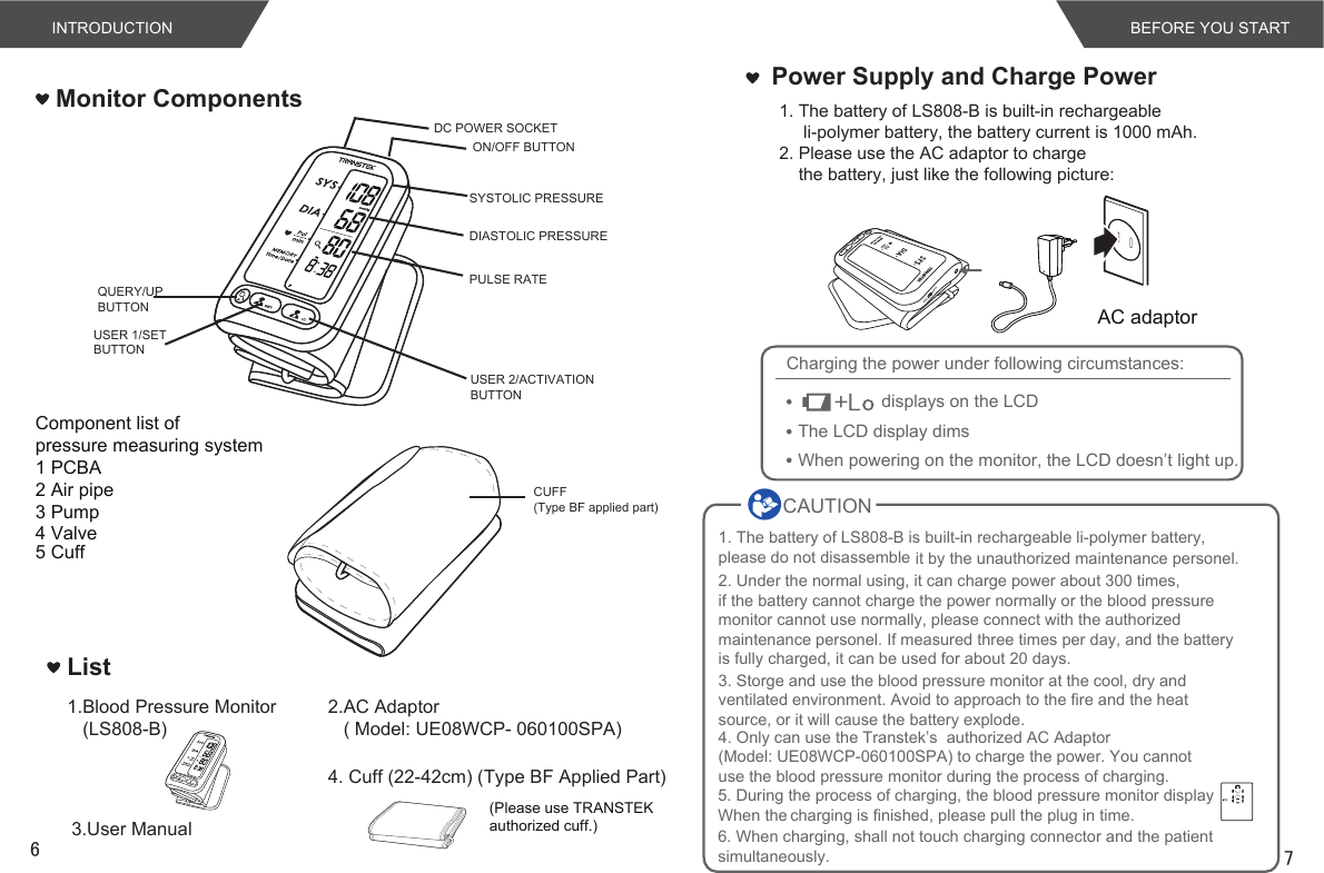 Monitor ComponentsList1.Blood Pressure Monitor   (LS808-B)2.AC Adaptor   ( Model: UE08WCP- 060100SPA)3.User ManualBEFORE YOU START61. The battery of LS808-B is built-in rechargeable     li-polymer battery, the battery current is 1000 mAh.2. Please use the AC adaptor to charge    the battery, just like the following picture: Power Supply and Charge PowerCharging the power under following circumstances:displays on the LCDThe LCD display dimsWhen powering on the monitor, the LCD doesn’t light up.AC adaptor  CAUTION        1. The battery of LS808-B is built-in rechargeable li-polymer battery, please do not disassemble it by the unauthorized maintenance personel.2. Under the normal using, it can charge power about 300 times, if the battery cannot charge the power normally or the blood pressuremonitor cannot use normally, please connect with the authorizedmaintenance personel. If measured three times per day, and the battery is fully charged, it can be used for about 20 days.3. Storge and use the blood pressure monitor at the cool, dry andventilated environment. Avoid to approach to the fire and the heatsource, or it will cause the battery explode.4. Only can use the Transtek’s  authorized AC Adaptor (Model: UE08WCP-060100SPA) to charge the power. You cannot use the blood pressure monitor during the process of charging.5. During the process of charging, the blood pressure monitor displayWhen the charging is finished, please pull the plug in time.6. When charging, shall not touch charging connector and the patient simultaneously. 74. Cuff (22-42cm) (Type BF Applied Part)INTRODUCTION(Please use TRANSTEK authorized cuff.)Component list of pressure measuring system1 PCBA2 Air pipe3 Pump4 Valve5 CuffCUFF(Type BF applied part)SYSTOLIC PRESSUREDIASTOLIC PRESSUREQUERY/UPBUTTONUSER 2/ACTIVATION BUTTONUSER 1/SET BUTTONPULSE RATEON/OFF BUTTONDC POWER SOCKET