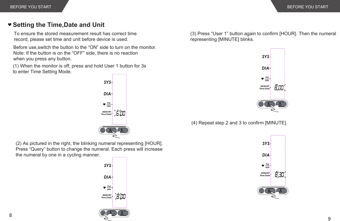 Setting the Time,Date and Unit(1) When the monitor is off, press and hold User 1 button for 3s to enter Time Setting Mode.To ensure the stored measurement result has correct time record, please set time and unit before device is used.BEFORE YOU START89BEFORE YOU START(2) As pictured in the right, the blinking numeral representing [HOUR].Press “Query” button to change the numeral. Each press will increasethe numeral by one in a cycling manner.(3) Press “User 1” button again to confirm [HOUR]. Then the numeralrepresenting [MINUTE] blinks.(4) Repeat step 2 and 3 to confirm [MINUTE].Before use,switch the button to the “ON” side to turn on the monitor.Note: If the button is on the “OFF” side, there is no reaction when you press any button.
