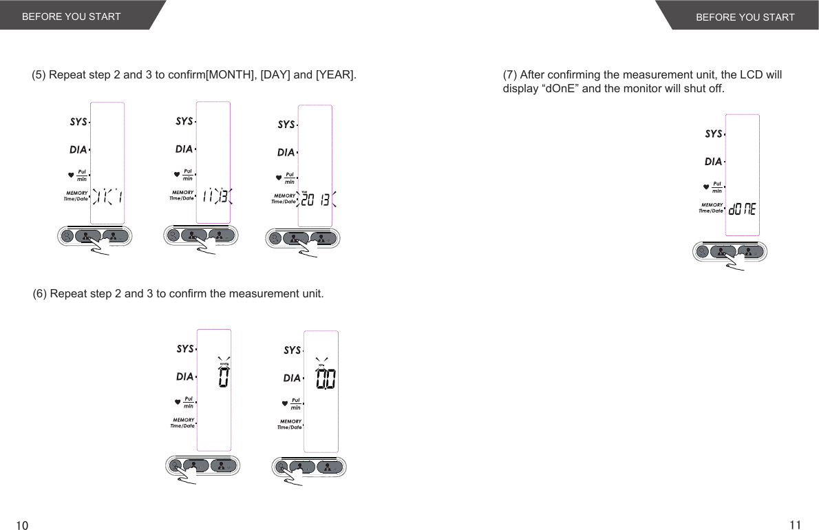 10 11BEFORE YOU START BEFORE YOU START(5) Repeat step 2 and 3 to confirm[MONTH], [DAY] and [YEAR].(6) Repeat step 2 and 3 to confirm the measurement unit.(7) After confirming the measurement unit, the LCD willdisplay “dOnE” and the monitor will shut off.