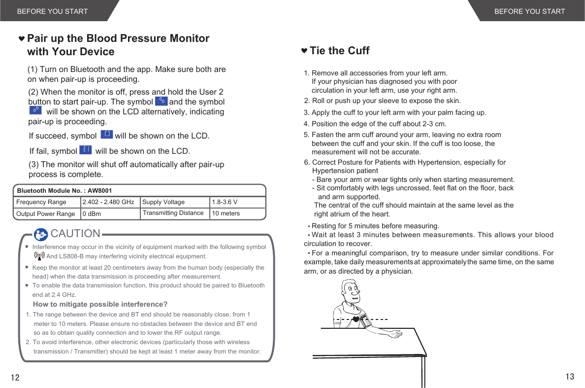 12 13BEFORE YOU START BEFORE YOU STARTTie the CuffResting for 5 minutes before measuring.Wait at least 3 minutes between measurements. This allows your blood circulation to recover.For a meaningful comparison, try to measure under similar conditions. For example, take daily measurements at approximately the same time, on the same arm, or as directed by a physician.1. Remove all accessories from your left arm.    If your physician has diagnosed you with poor    circulation in your left arm, use your right arm.2. Roll or push up your sleeve to expose the skin.3. Apply the cuff to your left arm with your palm facing up.4. Position the edge of the cuff about 2-3 cm. 5. Fasten the arm cuff around your arm, leaving no extra room    between the cuff and your skin. If the cuff is too loose, the    measurement will not be accurate.6. Correct Posture for Patients with Hypertension, especially for    Hypertension patient    - Bare your arm or wear tights only when starting measurement.    - Sit comfortably with legs uncrossed, feet flat on the floor, back       and arm supported.     The central of the cuff should maintain at the same level as the     right atrium of the heart.Pair up the Blood Pressure Monitorwith Your Device(1) Turn on Bluetooth and the app. Make sure both areon when pair-up is proceeding.  (2) When the monitor is off, press and hold the User 2button to start pair-up. The symbol       and the symbol        will be shown on the LCD alternatively, indicatingpair-up is proceeding.If succeed, symbol        will be shown on the LCD.If fail, symbol        will be shown on the LCD.(3) The monitor will shut off automatically after pair-upprocess is complete.  CAUTIONInterference may occur in the vicinity of equipment marked with the following symbol      . And LS808-B may interfering vicinity electrical equipment.Keep the monitor at least 20 centimeters away from the human body (especially the head) when the data transmission is proceeding after measurement.To enable the data transmission function, this product should be paired to Bluetooth end at 2.4 GHz.How to mitigate possible interference?1. The range between the device and BT end should be reasonably close, from 1 meter to 10 meters. Please ensure no obstacles between the device and BT endso as to obtain quality connection and to lower the RF output range.2. To avoid interference, other electronic devices (particularly those with wireless transmission / Transmitter) should be kept at least 1 meter away from the monitor.Bluetooth Module No. : AW8001Frequency RangeOutput Power RangeSupply Voltage2.402 - 2.480 GHz0 dBm1.8-3.6 VTransmitting Distance 10 meters