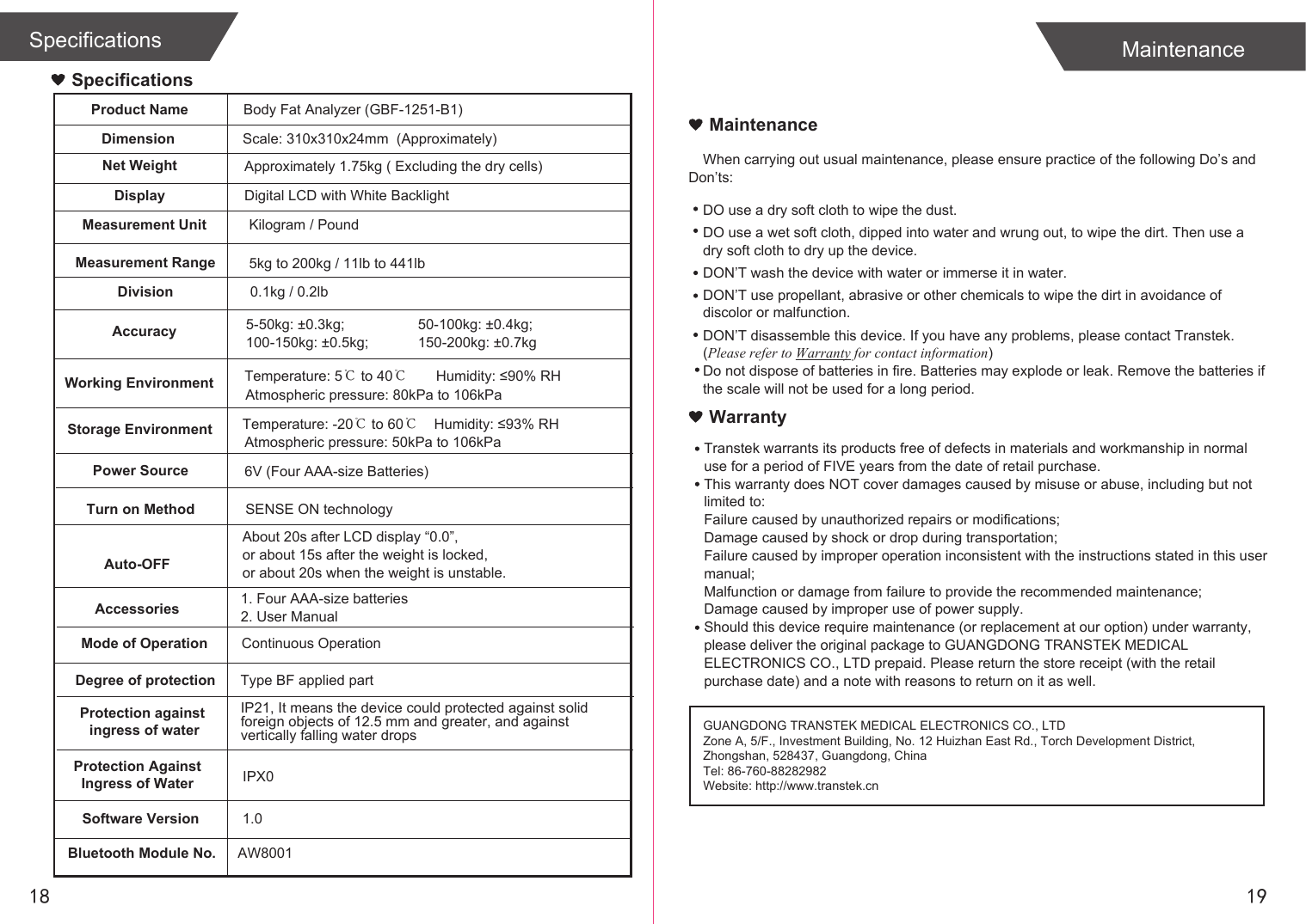 1918Specifications MaintenanceWhen carrying out usual maintenance, please ensure practice of the following Do’s and Don’ts:Transtek warrants its products free of defects in materials and workmanship in normal use for a period of FIVE years from the date of retail purchase.This warranty does NOT cover damages caused by misuse or abuse, including but not limited to: Failure caused by unauthorized repairs or modifications;Damage caused by shock or drop during transportation;Failure caused by improper operation inconsistent with the instructions stated in this user manual;Malfunction or damage from failure to provide the recommended maintenance;Damage caused by improper use of power supply.Should this device require maintenance (or replacement at our option) under warranty, please deliver the original package to GUANGDONG TRANSTEK MEDICAL ELECTRONICS CO., LTD prepaid. Please return the store receipt (with the retail purchase date) and a note with reasons to return on it as well.MaintenanceWarrantyGUANGDONG TRANSTEK MEDICAL ELECTRONICS CO., LTDZone A, 5/F., Investment Building, No. 12 Huizhan East Rd., Torch Development District, Zhongshan, 528437, Guangdong, ChinaTel: 86-760-88282982Website: http://www.transtek.cn DO use a dry soft cloth to wipe the dust.DO use a wet soft cloth, dipped into water and wrung out, to wipe the dirt. Then use a dry soft cloth to dry up the device.DON’T wash the device with water or immerse it in water.DON’T use propellant, abrasive or other chemicals to wipe the dirt in avoidance of discolor or malfunction.DON’T disassemble this device. If you have any problems, please contact Transtek. (Please refer to Warranty for contact information)Do not dispose of batteries in fire. Batteries may explode or leak. Remove the batteries if the scale will not be used for a long period.SpecificationsProduct NameDimension Scale: 310x310x24mm  (Approximately)Net Weight Approximately 1.75kg ( Excluding the dry cells)Display Digital LCD with White BacklightMeasurement Unit Kilogram / PoundMeasurement Range 5kg to 200kg / 11lb to 441lbDivision 0.1kg / 0.2lbAccuracy 5-50kg: ±0.3kg;100-150kg: ±0.5kg;Working Environment Temperature: 5℃ to 40℃Storage Environment Temperature: -20℃ to 60℃Power Source 6V (Four AAA-size Batteries)Turn on Method SENSE ON technologyAuto-OFFAccessories 1. Four AAA-size batteries2. User Manual50-100kg: ±0.4kg;150-200kg: ±0.7kgHumidity: ≤93% RHMode of Operation Continuous OperationHumidity: ≤90% RHDegree of protection Type BF applied partProtection AgainstIngress of WaterSoftware VersionIPX01.0Bluetooth Module No.  AW8001Body Fat Analyzer (GBF-1251-B1)  About 20s after LCD display “0.0”,   or about 15s after the weight is locked,  or about 20s when the weight is unstable.Atmospheric pressure: 50kPa to 106kPaAtmospheric pressure: 80kPa to 106kPaProtection against ingress of waterIP21, It means the device could protected against solidforeign objects of 12.5 mm and greater, and againstvertically falling water drops