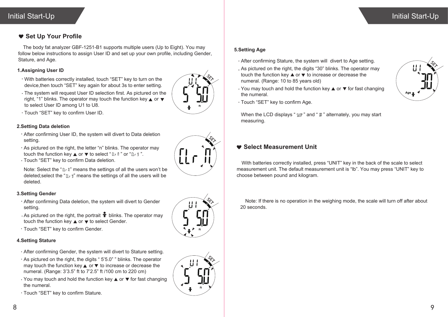 98Initial Start-UpInitial Start-UpThe body fat analyzer GBF-1251-B1 supports multiple users (Up to Eight). You may follow below instructions to assign User ID and set up your own profile, including Gender, Stature, and Age. With batteries correctly installed, touch “SET” key to turn on the device,then touch “SET” key again for about 3s to enter setting.The system will request User ID selection first. As pictured on the right, “1” blinks. The operator may touch the function key     or      to select User ID among U1 to U8.Touch “SET” key to confirm User ID.1.Assigning User ID2.Setting Data deletionSet Up Your ProfileAfter confirming User ID, the system will divert to Data deletion  setting.As pictured on the right, the letter “n” blinks. The operator may touch the function key     or     to select “       ” or “       ”.Touch “SET” key to confirm Data deletion.Note: Select the “      ” means the settings of all the users won’t be deleted;select the “      ” means the settings of all the users will be deleted.  5.Setting AgeAfter confirming Stature, the system will  divert to Age setting.As pictured on the right, the digits “30” blinks. The operator may touch the function key     or     to increase or decrease the numeral. (Range: 10 to 85 years old)You may touch and hold the function key     or     for fast changing the numeral. Touch “SET” key to confirm Age.When the LCD displays “      ” and “    ” alternately, you may start measuring.3.Setting GenderAfter confirming Data deletion, the system will divert to Gender setting.As pictured on the right, the portrait      blinks. The operator may touch the function key     or     to select Gender.Touch “SET” key to confirm Gender.With batteries correctly installed, press “UNIT” key in the back of the scale to select measurement unit. The default measurement unit is “lb”. You may press “UNIT” key to choose between pound and kilogram.Select Measurement UnitNote: If there is no operation in the weighing mode, the scale will turn off after about 20 seconds.4.Setting StatureAfter confirming Gender, the system will divert to Stature setting.As pictured on the right, the digits “ 5’5.0” ” blinks. The operator may touch the function key     or     to increase or decrease the numeral. (Range: 3’3.5” ft to 7’2.5” ft /100 cm to 220 cm)You may touch and hold the function key     or     for fast changing the numeral. Touch “SET” key to confirm Stature.