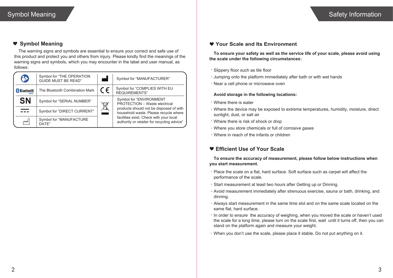 2 3To ensure your safety as well as the service life of your scale, please avoid using the scale under the following circumstances:Slippery floor such as tile floorJumping onto the platform immediately after bath or with wet handsNear a cell phone or microwave ovenAvoid storage in the following locations:Where there is waterWhere the device may be exposed to extreme temperatures, humidity, moisture, direct sunlight, dust, or salt airWhere there is risk of shock or dropWhere you store chemicals or full of corrosive gasesWhere in reach of the infants or children Your Scale and Its EnvironmentEfficient Use of Your ScaleTo ensure the accuracy of measurement, please follow below instructions when you start measurement.Place the scale on a flat, hard surface. Soft surface such as carpet will affect the performance of the scale.Start measurement at least two hours after Getting up or Dinning.Avoid measurement immediately after strenuous exercise, sauna or bath, drinking, and dinning.Always start measurement in the same time slot and on the same scale located on the same flat, hard surface.Symbol MeaningThe warning signs and symbols are essential to ensure your correct and safe use of this product and protect you and others from injury. Please kindly find the meanings of the warning signs and symbols, which you may encounter in the label and user manual, as follows:Symbol MeaningSymbol for “THE OPERATION GUIDE MUST BE READ” Symbol for “MANUFACTURER”Symbol for “ENVIRONMENT PROTECTION – Waste electrical products should not be disposed of with household waste. Please recycle where facilities exist. Check with your local authority or retailer for recycling advice”The Bluetooth Combination MarkSymbol for “SERIAL NUMBER”Symbol for “DIRECT CURRENT”Safety InformationSymbol for “COMPLIES WITH EU REQUIREMENTS”Symbol for “MANUFACTURE DATE”In order to ensure  the accuracy of weighing, when you moved the scale or haven’t used the scale for a long time, please turn on the scale first, wait  until it turns off, then you canstand on the platform again and measure your weight.When you don’t use the scale, please place it stable. Do not put anything on it.   