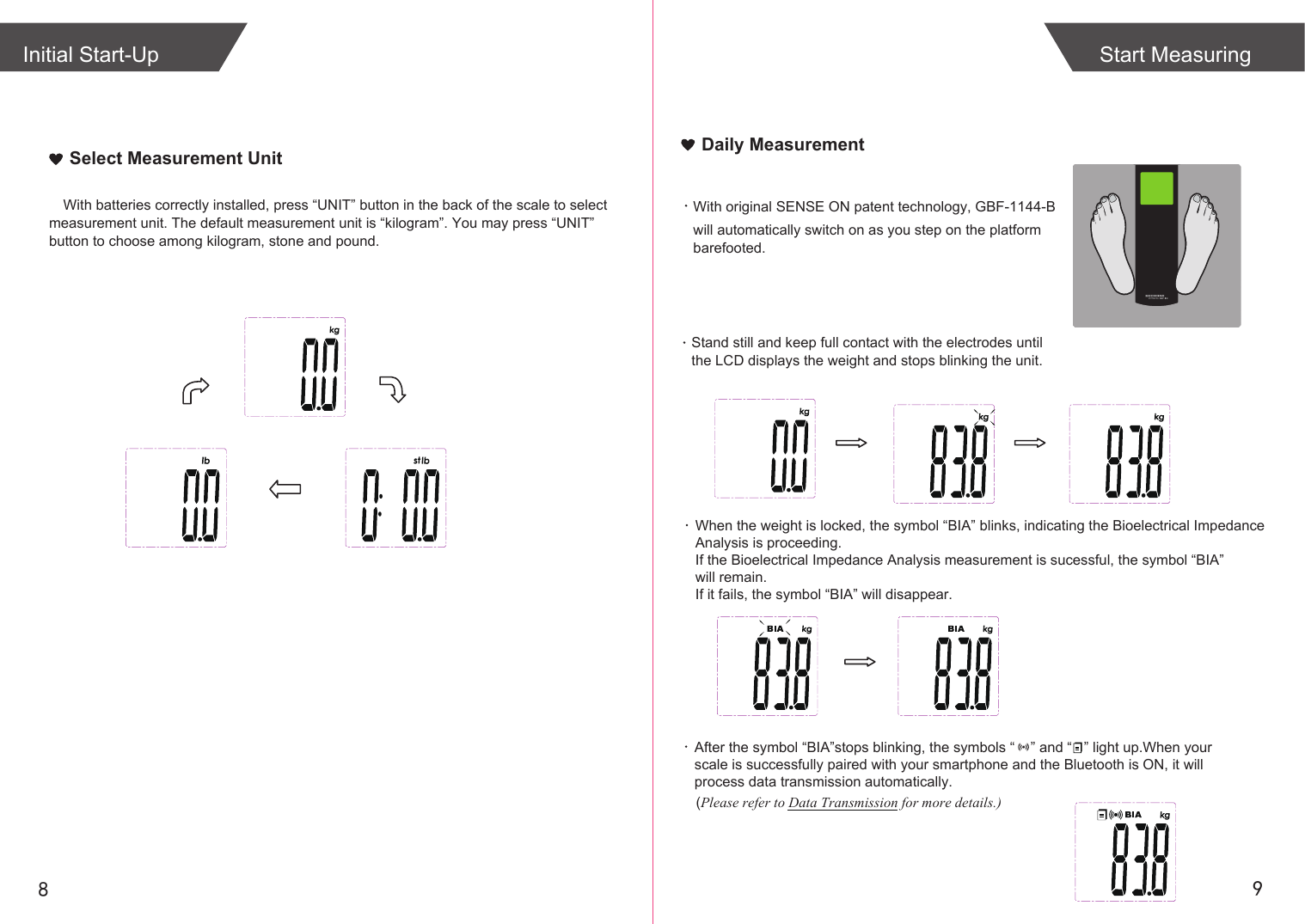 98With batteries correctly installed, press “UNIT” button in the back of the scale to select measurement unit. The default measurement unit is “kilogram”. You may press “UNIT” button to choose among kilogram, stone and pound.Initial Start-UpSelect Measurement UnitStart MeasuringDaily MeasurementWith original SENSE ON patent technology, GBF-1144-Bwill automatically switch on as you step on the platform barefooted. Stand still and keep full contact with the electrodes until the LCD displays the weight and stops blinking the unit.                   When the weight is locked, the symbol “BIA” blinks, indicating the Bioelectrical Impedance Analysis is proceeding.If the Bioelectrical Impedance Analysis measurement is sucessful, the symbol “BIA” will remain.If it fails, the symbol “BIA” will disappear.       After the symbol “BIA”stops blinking, the symbols “    ” and “   ” light up.When your scale is successfully paired with your smartphone and the Bluetooth is ON, it will process data transmission automatically.  (Please refer to Data Transmission for more details.)