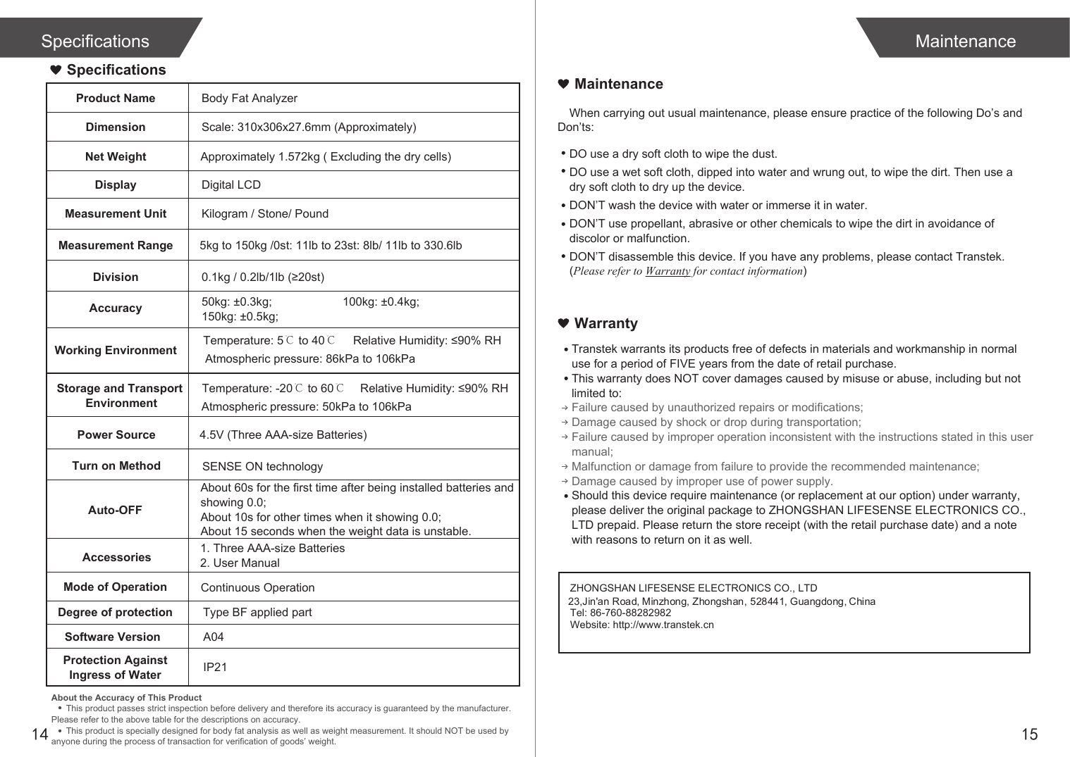 1514Approximately 1.572kg ( Excluding the dry cells)5kg to 150kg /0st: 11lb to 23st: 8lb/ 11lb to 330.6lb  4.5V (Three AAA-size Batteries)1. Three AAA-size Batteries2. User ManualSpecifications MaintenanceSpecificationsProduct NameDimensionBody Fat Analyzer Scale: 310x306x27.6mm (Approximately)Net WeightDisplay Digital LCD Measurement Unit Kilogram / Stone/ PoundMeasurement RangeDivision 0.1kg / 0.2lb/1lb (≥20st)Accuracy 50kg: ±0.3kg;150kg: ±0.5kg;Working EnvironmentPower SourceTurn on Method SENSE ON technologyAuto-OFFAccessories100kg: ±0.4kg;Mode of Operation Continuous OperationAbout 60s for the first time after being installed batteries andshowing 0.0;About 10s for other times when it showing 0.0;About 15 seconds when the weight data is unstable.About the Accuracy of This ProductThis product passes strict inspection before delivery and therefore its accuracy is guaranteed by the manufacturer. Please refer to the above table for the descriptions on accuracy.This product is specially designed for body fat analysis as well as weight measurement. It should NOT be used by anyone during the process of transaction for verification of goods’ weight.Temperature: 5℃ to 40℃Temperature: -20℃ to 60℃Relative Humidity: ≤90% RHAtmospheric pressure: 86kPa to 106kPaAtmospheric pressure: 50kPa to 106kPaRelative Humidity: ≤90% RHProtection AgainstIngress of Water IP21Software Version A04Degree of protection Type BF applied partWhen carrying out usual maintenance, please ensure practice of the following Do’s and Don’ts:MaintenanceWarrantyDO use a dry soft cloth to wipe the dust.DO use a wet soft cloth, dipped into water and wrung out, to wipe the dirt. Then use a dry soft cloth to dry up the device.DON’T wash the device with water or immerse it in water.DON’T use propellant, abrasive or other chemicals to wipe the dirt in avoidance of discolor or malfunction.DON’T disassemble this device. If you have any problems, please contact Transtek. (Please refer to Warranty for contact information)ZHONGSHAN LIFESENSE ELECTRONICS CO., LTDTel: 86-760-88282982Website: http://www.transtek.cn 23,Jin&apos;an Road, Minzhong, Zhongshan, 528441, Guangdong, ChinaTranstek warrants its products free of defects in materials and workmanship in normal use for a period of FIVE years from the date of retail purchase.This warranty does NOT cover damages caused by misuse or abuse, including but not limited to: Failure caused by unauthorized repairs or modifications;Damage caused by shock or drop during transportation;Failure caused by improper operation inconsistent with the instructions stated in this user manual;Malfunction or damage from failure to provide the recommended maintenance;Damage caused by improper use of power supply.Should this device require maintenance (or replacement at our option) under warranty, please deliver the original package to ZHONGSHAN LIFESENSE ELECTRONICS CO., LTD prepaid. Please return the store receipt (with the retail purchase date) and a note with reasons to return on it as well.Storage and Transport Environment