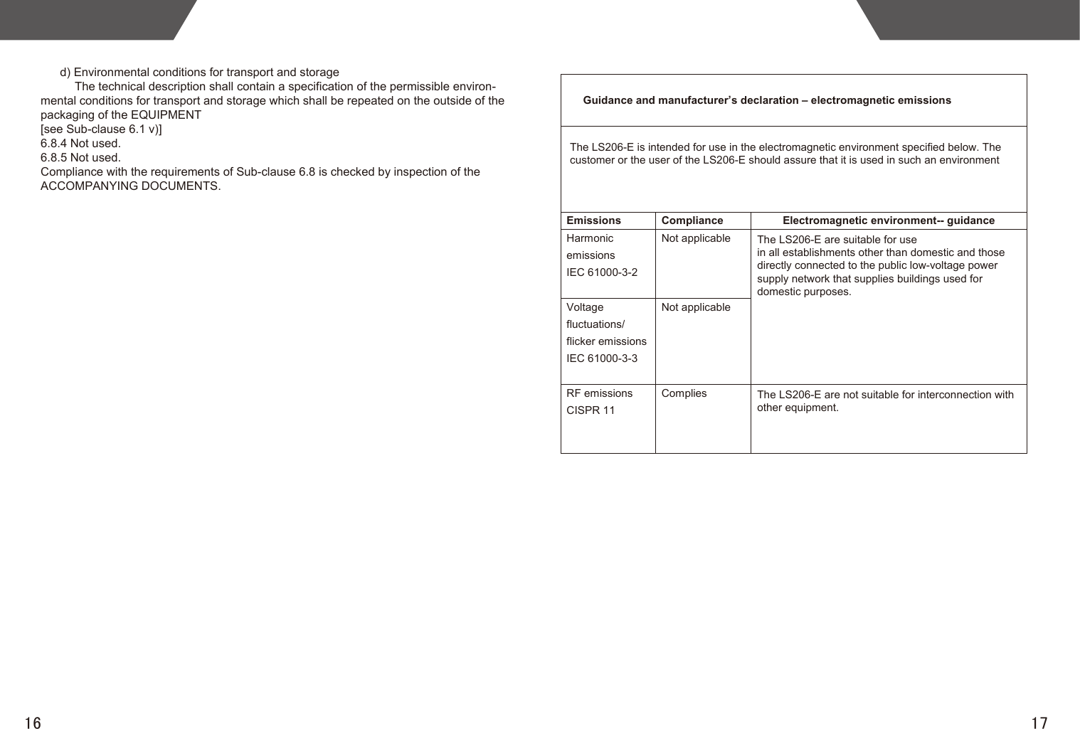 The LS206-E is intended for use in the electromagnetic environment specified below. The customer or the user of the LS206-E should assure that it is used in such an environmentThe LS206-E are suitable for usein all establishments other than domestic and thosedirectly connected to the public low-voltage powersupply network that supplies buildings used fordomestic purposes.The LS206-E are not suitable for interconnection with other equipment.17 Guidance and manufacturer’s declaration – electromagnetic emissions   Emissions  Compliance  Electromagnetic environment-- guidance Harmonic emissions IEC 61000-3-2  Not applicable    Voltage fluctuations/ flicker emissions IEC 61000-3-3  Not applicable    RF emissions CISPR 11  Complies   16d) Environmental conditions for transport and storageThe technical description shall contain a specification of the permissible environ-mental conditions for transport and storage which shall be repeated on the outside of the packaging of the EQUIPMENT[see Sub-clause 6.1 v)]6.8.4 Not used.6.8.5 Not used.Compliance with the requirements of Sub-clause 6.8 is checked by inspection of the ACCOMPANYING DOCUMENTS.