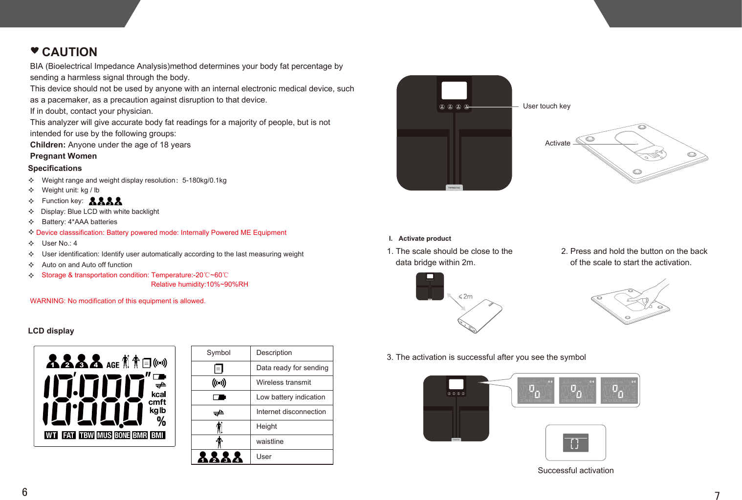 76Specifications   Weight range and weight display resolution：5-180kg/0.1kg  Weight unit: kg / lb  Function key:  Display: Blue LCD with white backlight   Battery: 4*AAA batteries Device classsification: Battery powered mode: Internally Powered ME Equipment  User No.: 4  User identification: Identify user automatically according to the last measuring weight   Auto on and Auto off functionLCD display   CAUTIONBIA (Bioelectrical Impedance Analysis)method determines your body fat percentage by sending a harmless signal through the body. This device should not be used by anyone with an internal electronic medical device, such as a pacemaker, as a precaution against disruption to that device. If in doubt, contact your physician.This analyzer will give accurate body fat readings for a majority of people, but is not intended for use by the following groups:Children: Anyone under the age of 18 yearsPregnant WomenI.  Activate product 1. The scale should be close to the     data bridge within 2m.3. The activation is successful after you see the symbol2. Press and hold the button on the back     of the scale to start the activation.Successful activationWARNING: No modification of this equipment is allowed.Storage &amp; transportation condition: Temperature:-20℃~60℃Relative humidity:10%~90%RHSymbol DescriptionWireless transmitInternet disconnectionHeightUser touch keyActivatewaistlineUserLow battery indicationData ready for sending