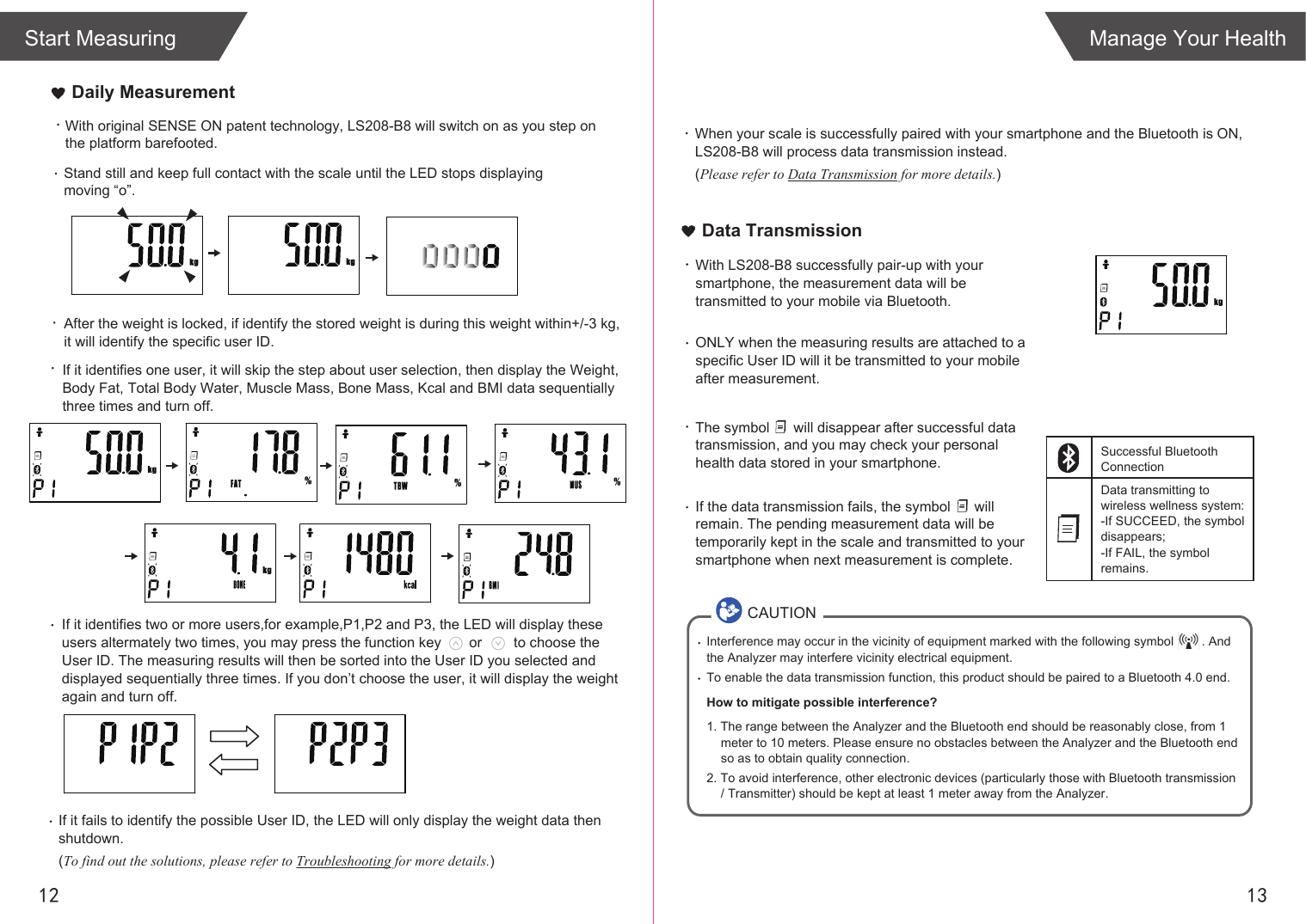 CAUTIONInterference may occur in the vicinity of equipment marked with the following symbol        . And the Analyzer may interfere vicinity electrical equipment.To enable the data transmission function, this product should be paired to a Bluetooth 4.0 end. How to mitigate possible interference?1. The range between the Analyzer and the Bluetooth end should be reasonably close, from 1 meter to 10 meters. Please ensure no obstacles between the Analyzer and the Bluetooth end so as to obtain quality connection.2. To avoid interference, other electronic devices (particularly those with Bluetooth transmission / Transmitter) should be kept at least 1 meter away from the Analyzer. 1312With original SENSE ON patent technology, LS208-B8 will switch on as you step on the platform barefooted. If it fails to identify the possible User ID, the LED will only display the weight data then shutdown. (To find out the solutions, please refer to Troubleshooting for more details.)When your scale is successfully paired with your smartphone and the Bluetooth is ON, LS208-B8 will process data transmission instead. (Please refer to Data Transmission for more details.)With LS208-B8 successfully pair-up with your smartphone, the measurement data will be transmitted to your mobile via Bluetooth.ONLY when the measuring results are attached to a specific User ID will it be transmitted to your mobile after measurement.The symbol      will disappear after successful data transmission, and you may check your personal health data stored in your smartphone.If the data transmission fails, the symbol      will remain. The pending measurement data will be temporarily kept in the scale and transmitted to your smartphone when next measurement is complete.Successful Bluetooth ConnectionData transmitting to wireless wellness system:-If SUCCEED, the symbol disappears;-If FAIL, the symbol remains.Start MeasuringDaily MeasurementManage Your HealthData TransmissionStand still and keep full contact with the scale until the LED stops displayingmoving “o”. After the weight is locked, if identify the stored weight is during this weight within+/-3 kg,it will identify the specific user ID. If it identifies one user, it will skip the step about user selection, then display the Weight, Body Fat, Total Body Water, Muscle Mass, Bone Mass, Kcal and BMI data sequentially three times and turn off.If it identifies two or more users,for example,P1,P2 and P3, the LED will display these users altermately two times, you may press the function key       or        to choose the User ID. The measuring results will then be sorted into the User ID you selected and displayed sequentially three times. If you don’t choose the user, it will display the weight again and turn off. 
