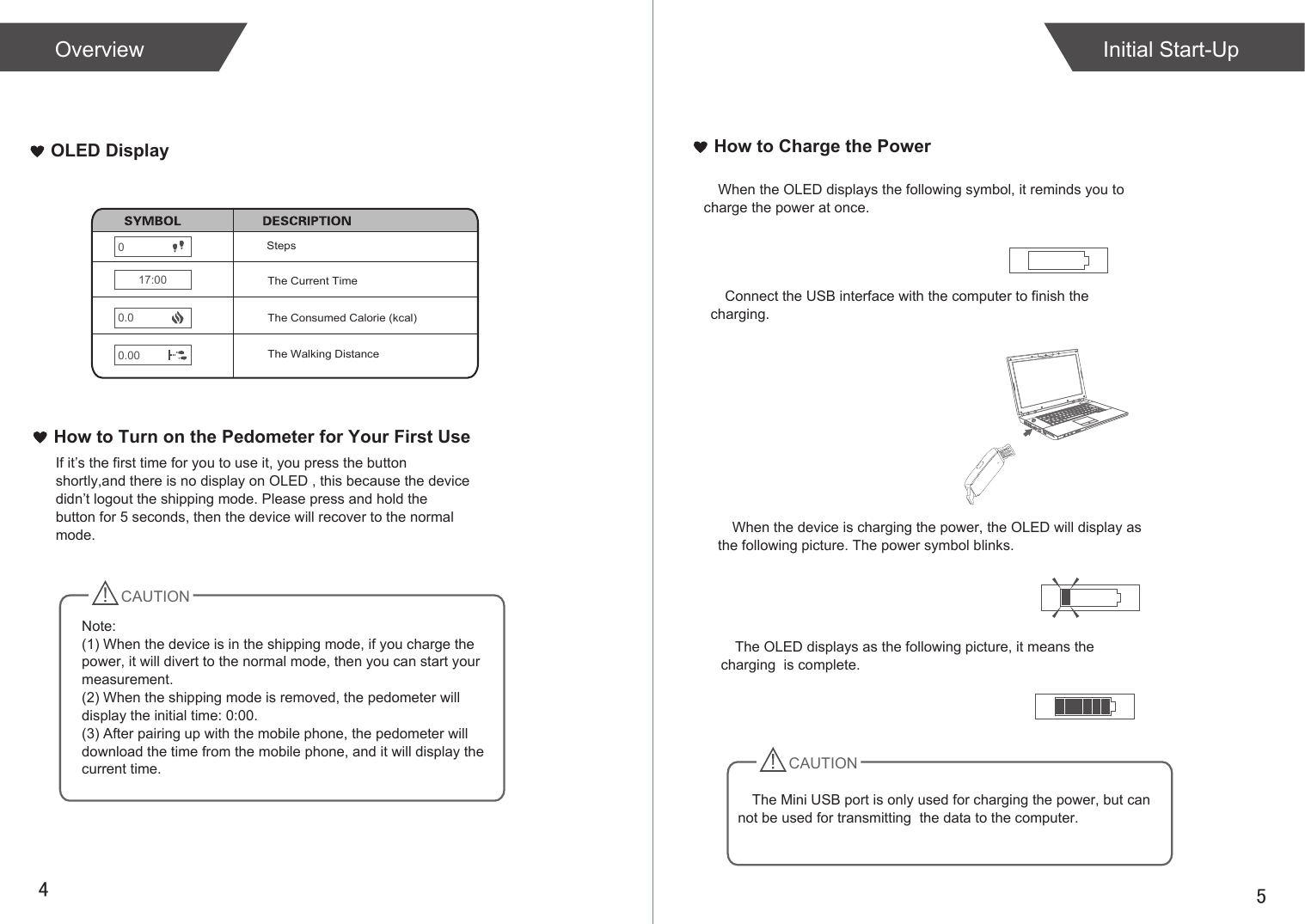 54OLED Display How to Charge the PowerWhen the OLED displays the following symbol, it reminds you to  charge the power at once.Connect the USB interface with the computer to finish the charging.When the device is charging the power, the OLED will display as the following picture. The power symbol blinks.The OLED displays as the following picture, it means the charging  is complete.Initial Start-UpStepsThe Walking DistanceThe Consumed Calorie (kcal)00.0017:000.0The Current TimeOverviewHow to Turn on the Pedometer for Your First UseIf it’s the first time for you to use it, you press the button shortly,and there is no display on OLED , this because the device didn’t logout the shipping mode. Please press and hold the button for 5 seconds, then the device will recover to the normal mode.CAUTIONNote: (1) When the device is in the shipping mode, if you charge the power, it will divert to the normal mode, then you can start your measurement.(2) When the shipping mode is removed, the pedometer will display the initial time: 0:00.(3) After pairing up with the mobile phone, the pedometer will download the time from the mobile phone, and it will display the current time.  CAUTIONThe Mini USB port is only used for charging the power, but can not be used for transmitting  the data to the computer. 