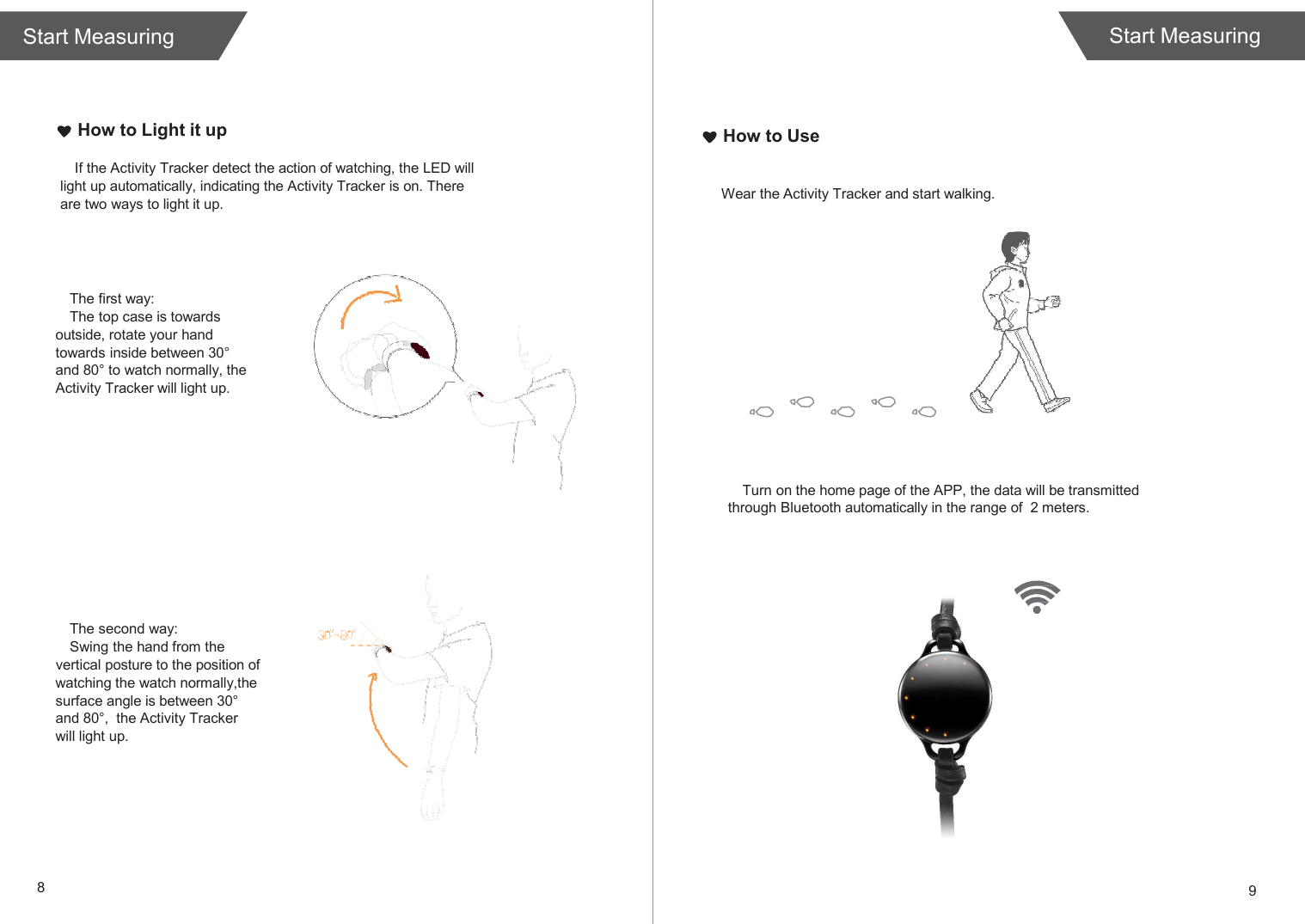  Start Measuring    How to Light it up How to Use  If the Activity Tracker detect the action of watching, the LED will light up automatically, indicating the Activity Tracker is on. There are two ways to light it up.     The first way: The top case is towards outside, rotate your hand towards inside between 30° and 80° to watch normally, the Activity Tracker will light up.              The second way: Swing the hand from the vertical posture to the position of watching the watch normally,the surface angle is between 30° and 80°,  the Activity Tracker  will light up.   Wear the Activity Tracker and start walking.            Turn on the home page of the APP, the data will be transmitted through Bluetooth automatically in the range of  2 meters.       8 9 Start Measuring 