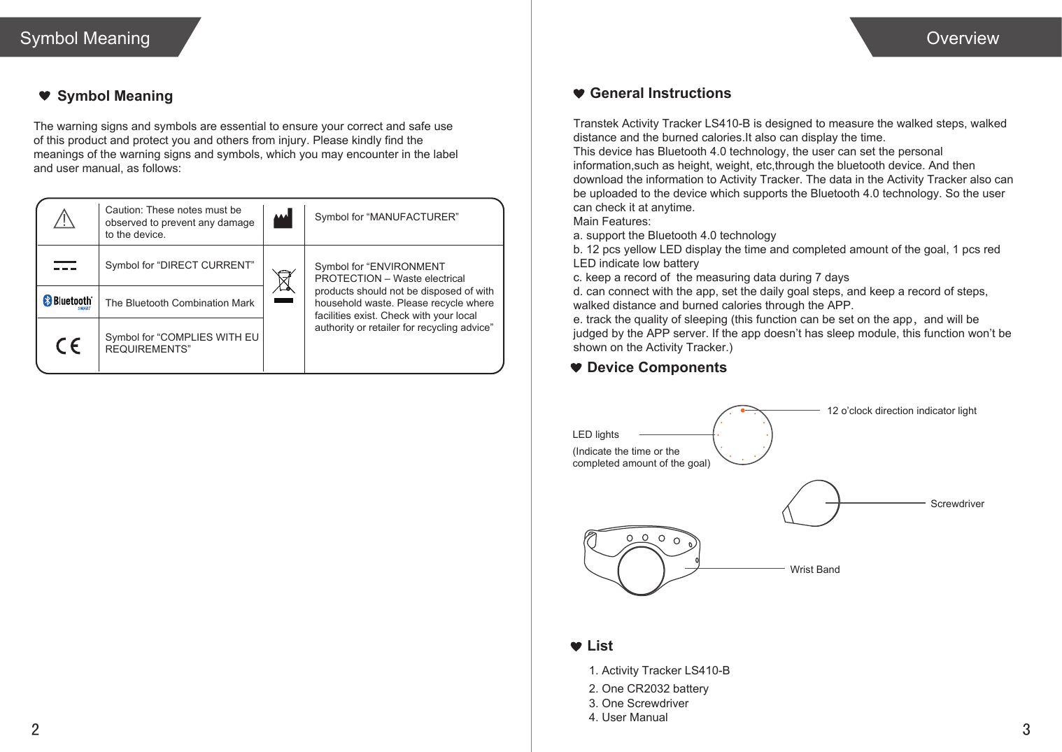 2 3List1. Activity Tracker LS410-B 2. One CR2032 battery3. One Screwdriver4. User ManualOverviewSymbol MeaningGeneral InstructionsDevice ComponentsSymbol MeaningLED lightsWrist Band(Indicate the time or the completed amount of the goal) 12 o’clock direction indicator lightScrewdriverTranstek Activity Tracker LS410-B is designed to measure the walked steps, walked distance and the burned calories.It also can display the time.This device has Bluetooth 4.0 technology, the user can set the personal information,such as height, weight, etc,through the bluetooth device. And then download the information to Activity Tracker. The data in the Activity Tracker also can be uploaded to the device which supports the Bluetooth 4.0 technology. So the user can check it at anytime.Main Features:a. support the Bluetooth 4.0 technologyb. 12 pcs yellow LED display the time and completed amount of the goal, 1 pcs red                    LED indicate low batteryc. keep a record of  the measuring data during 7 daysd. can connect with the app, set the daily goal steps, and keep a record of steps, walked distance and burned calories through the APP.e. track the quality of sleeping (this function can be set on the app，and will be judged by the APP server. If the app doesn’t has sleep module, this function won’t be shown on the Activity Tracker.)The warning signs and symbols are essential to ensure your correct and safe use of this product and protect you and others from injury. Please kindly find the meanings of the warning signs and symbols, which you may encounter in the label and user manual, as follows:   Caution: These notes must beobserved to prevent any damage to the device.Symbol for “MANUFACTURER”Symbol for “ENVIRONMENT PROTECTION – Waste electrical products should not be disposed of with household waste. Please recycle where facilities exist. Check with your local authority or retailer for recycling advice”Symbol for “DIRECT CURRENT”The Bluetooth Combination MarkSymbol for “COMPLIES WITH EU REQUIREMENTS”