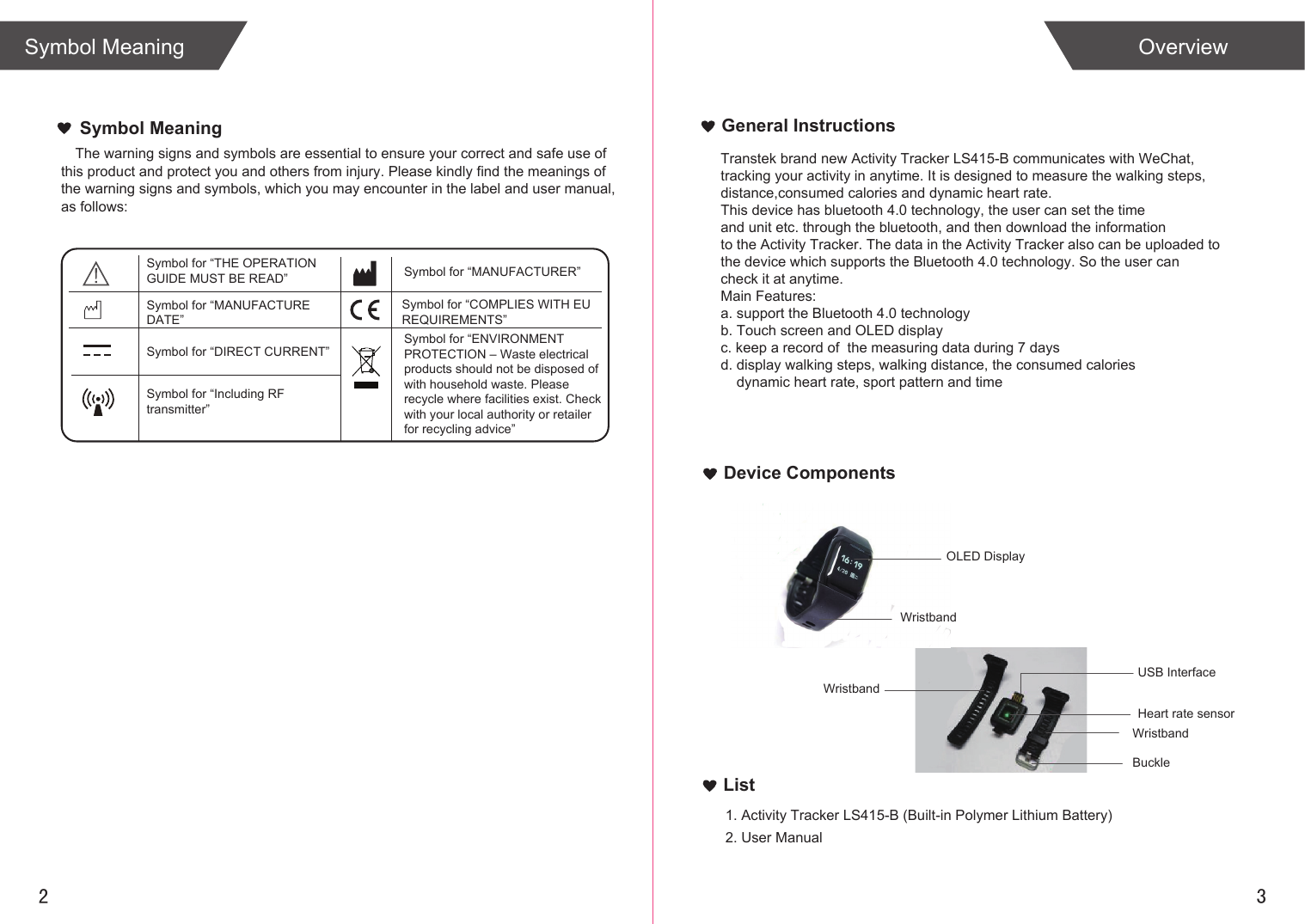 2 3List1. Activity Tracker LS415-B (Built-in Polymer Lithium Battery)2. User ManualOverviewSymbol MeaningGeneral InstructionsDevice ComponentsThe warning signs and symbols are essential to ensure your correct and safe use of this product and protect you and others from injury. Please kindly find the meanings of  the warning signs and symbols, which you may encounter in the label and user manual,  as follows:Symbol MeaningTranstek brand new Activity Tracker LS415-B communicates with WeChat,tracking your activity in anytime. It is designed to measure the walking steps, distance,consumed calories and dynamic heart rate. This device has bluetooth 4.0 technology, the user can set the time and unit etc. through the bluetooth, and then download the information to the Activity Tracker. The data in the Activity Tracker also can be uploaded to the device which supports the Bluetooth 4.0 technology. So the user can check it at anytime.Main Features:a. support the Bluetooth 4.0 technologyb. Touch screen and OLED displayc. keep a record of  the measuring data during 7 daysd. display walking steps, walking distance, the consumed calories     dynamic heart rate, sport pattern and timeUSB InterfaceOLED DisplayWristbandSymbol for “THE OPERATION GUIDE MUST BE READ” Symbol for “MANUFACTURER”Symbol for “ENVIRONMENT PROTECTION – Waste electrical products should not be disposed of  with household waste. Please  recycle where facilities exist. Check with your local authority or retailer for recycling advice”Symbol for “DIRECT CURRENT”Symbol for “MANUFACTURE DATE”Symbol for “Including RFtransmitter”Symbol for “COMPLIES WITH EU REQUIREMENTS”WristbandBuckleWristbandHeart rate sensor