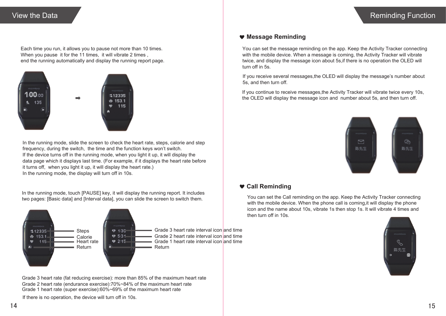 1514Reminding FunctionEach time you run, it allows you to pause not more than 10 times.When you pause  it for the 11 times,  it will vibrate 2 times ,end the running automatically and display the running report page. In the running mode, slide the screen to check the heart rate, steps, calorie and step frequency, during the switch,  the time and the function keys won’t switch.If the device turns off in the running mode, when you light it up, it will display thedata page which it displays last time. (For example, if it displays the heart rate beforeit turns off,  when you light it up, it will display the heart rate.)In the running mode, the display will turn off in 10s.In the running mode, touch [PAUSE] key, it will display the running report. It includes two pages: [Basic data] and [Interval data], you can slide the screen to switch them.StepsCalorieHeart rateReturnGrade 3 heart rate interval icon and timeGrade 2 heart rate interval icon and timeGrade 1 heart rate interval icon and timeReturnGrade 3 heart rate (fat reducing exercise): more than 85% of the maximum heart rateGrade 2 heart rate (endurance exercise):70%~84% of the maximum heart rate Grade 1 heart rate (super exercise):60%~69% of the maximum heart rateIf there is no operation, the device will turn off in 10s.Message RemindingCall RemindingYou can set the message reminding on the app. Keep the Activity Tracker connectingwith the mobile device. When a message is coming, the Activity Tracker will vibrate twice, and display the message icon about 5s,if there is no operation the OLED will turn off in 5s.If you receive several messages,the OLED will display the message’s number about 5s, and then turn off.If you continue to receive messages,the Activity Tracker will vibrate twice every 10s,the OLED will display the message icon and  number about 5s, and then turn off.You can set the Call reminding on the app. Keep the Activity Tracker connectingwith the mobile device. When the phone call is coming,it will display the phoneicon and the name about 10s, vibrate 1s then stop 1s. It will vibrate 4 times andthen turn off in 10s.View the Data