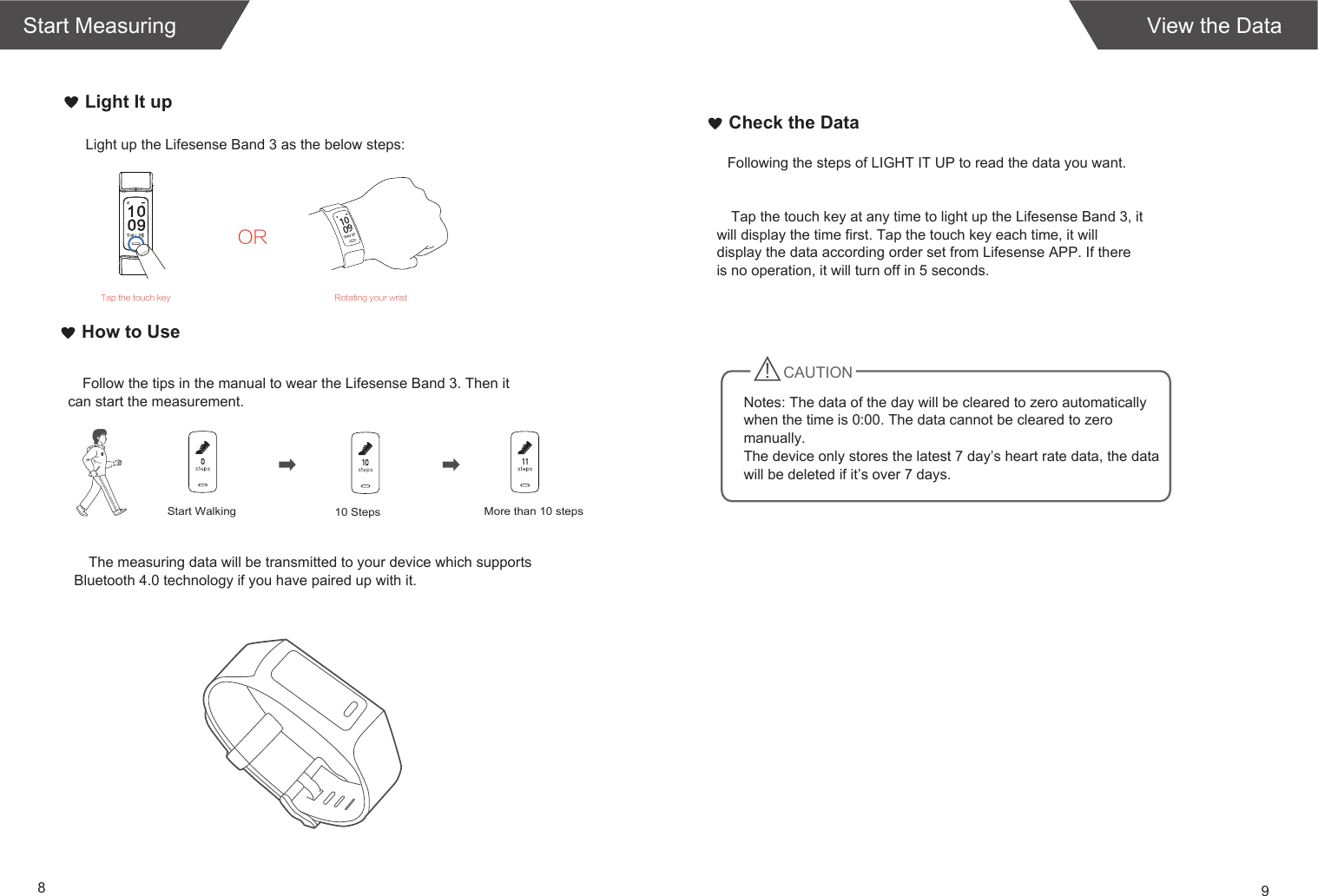 Start Measuring89View the DataLight It upThe measuring data will be transmitted to your device which supports Bluetooth 4.0 technology if you have paired up with it.How to UseFollow the tips in the manual to wear the Lifesense Band 3. Then it can start the measurement.Check the DataStart Walking   10 Steps More than 10 stepsFollowing the steps of LIGHT IT UP to read the data you want. CAUTIONNotes: The data of the day will be cleared to zero automatically when the time is 0:00. The data cannot be cleared to zero  manually.The device only stores the latest 7 day’s heart rate data, the data will be deleted if it’s over 7 days.Light up the Lifesense Band 3 as the below steps:Rotating your wristTap the touch key at any time to light up the Lifesense Band 3, it will display the time first. Tap the touch key each time, it will display the data according order set from Lifesense APP. If there is no operation, it will turn off in 5 seconds. ORTap the touch key