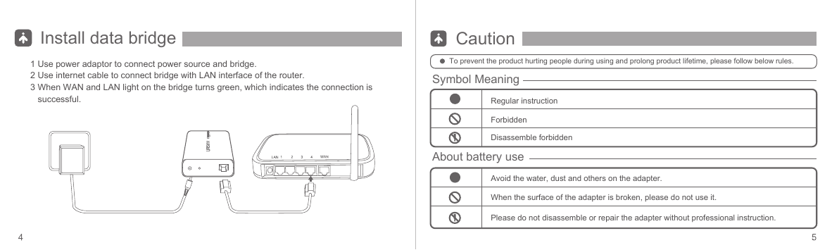 Install data bridge1 Use power adaptor to connect power source and bridge.2 Use internet cable to connect bridge with LAN interface of the router.3 When WAN and LAN light on the bridge turns green, which indicates the connection is successful.To prevent the product hurting people during using and prolong product lifetime, please follow below rules.CautionSymbol MeaningAbout battery useDisassemble forbiddenRegular instructionForbiddenAvoid the water, dust and others on the adapter.When the surface of the adapter is broken, please do not use it.Please do not disassemble or repair the adapter without professional instruction.