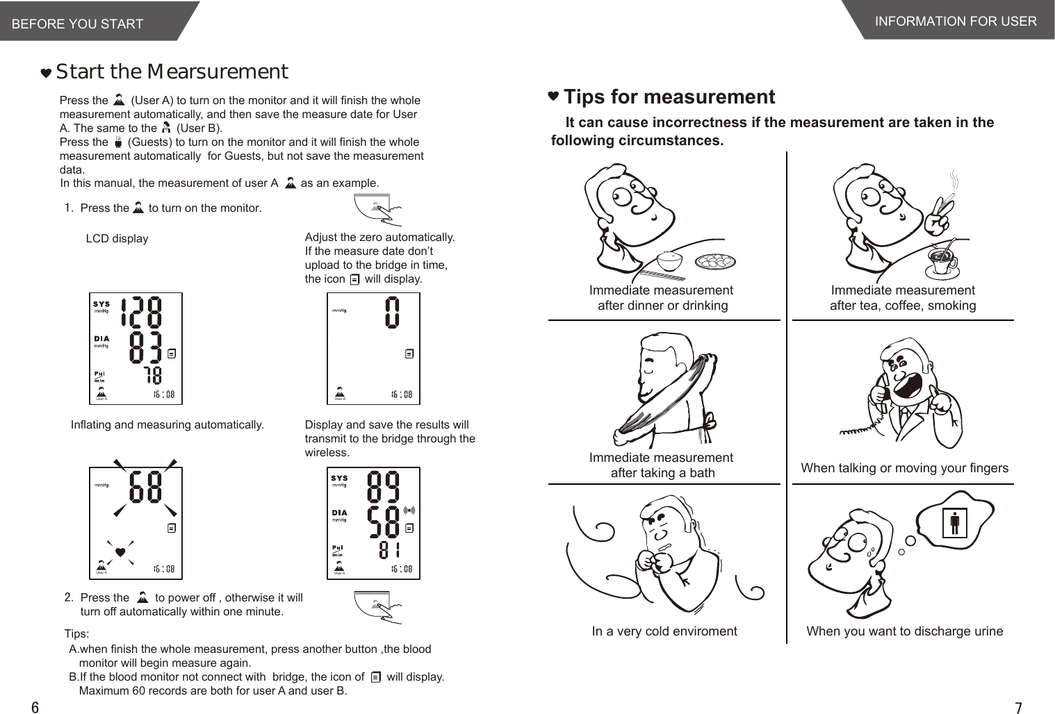 BEFORE YOU START76Tips for measurementINFORMATION FOR USERIn a very cold enviromentImmediate measurement after tea, coffee, smoking When talking or moving your fingersWhen you want to discharge urineIt can cause incorrectness if the measurement are taken in the following circumstances.LCD displayTips:Inflating and measuring automatically.Ｓｔａｒｔ　ｔｈｅ　Ｍｅａｒｓｕｒｅｍｅｎｔ2.In this manual, the measurement of user A       as an example.Press the       (User A) to turn on the monitor and it will finish the whole measurement automatically, and then save the measure date for User A. The same to the      (User B).Adjust the zero automatically. If the measure date don’t upload to the bridge in time, the icon      will display.Press the        to power off , otherwise it will turn off automatically within one minute.Display and save the results will transmit to the bridge through the wireless.Press the      (Guests) to turn on the monitor and it will finish the whole measurement automatically  for Guests, but not save the measurement data.A.when finish the whole measurement, press another button ,the blood monitor will begin measure again.B.If the blood monitor not connect with  bridge, the icon of       will display. Maximum 60 records are both for user A and user B.1. Press the      to turn on the monitor. User AUser AUser AUser AImmediate measurement after taking a bathImmediate measurement after dinner or drinking