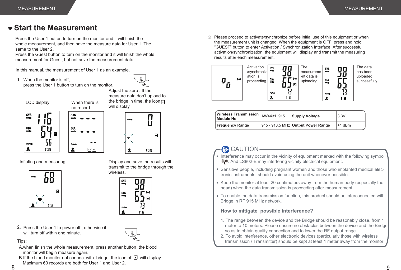 98LCD displayTips:Inflating and measuring.Start the Measurement2.In this manual, the measurement of User 1 as an example.Press the User 1 button to turn on the monitor and it will finish the whole measurement, and then save the measure data for User 1. The same to the User 2.Adjust the zero . If the measure data don’t upload to the bridge in time, the icon      will display.Press the User 1 to power off , otherwise it will turn off within one minute.Display and save the results will transmit to the bridge through the wireless.Press the Guest button to turn on the monitor and it will finish the whole measurement for Guest, but not save the measurement data.A.when finish the whole measurement, press another button ,the blood monitor will begin measure again.B.If the blood monitor not connect with  bridge, the icon of       will display. Maximum 60 records are both for User 1 and User 2.1. When the monitor is off, press the User 1 button to turn on the monitor. 3Please proceed to activate/synchronize before initial use of this equipment or when the measurement unit is changed. When the equipment is OFF, press and hold “GUEST” button to enter Activation / Synchronization Interface. After successful activation/synchronization, the equipment will display and transmit the measuring results after each measurement.Activation /synchronization is proceedingThe measureme-nt data is uploadingThe data has been uploaded successfullyCAUTIONInterference may occur in the vicinity of equipment marked with the following symbol      . And LS802-E may interfering vicinity electrical equipment.Sensitive people, including pregnant women and those who implanted medical elec-tronic instruments, should avoid using the unit whenever possible.Keep the monitor at least 20 centimeters away from the human body (especially the head) when the data transmission is proceeding after measurement.To enable the data transmission function, this product should be interconnected with Bridge in RF 915 MHz network.How to mitigate  possible interference?1. The range between the device and the Bridge should be reasonably close, from 1 meter to 10 meters. Please ensure no obstacles between the device and the Bridgeso as to obtain quality connection and to lower the RF output range.2. To avoid interference, other electronic devices (particularly those with wireless transmission / Transmitter) should be kept at least 1 meter away from the monitor.Wireless Transmission Module No.Frequency Range Output Power RangeSupply VoltageAW4431_915915 - 918.5 MHz +1 dBm3.3VWhen there is no recordMEASUREMENT MEASUREMENT