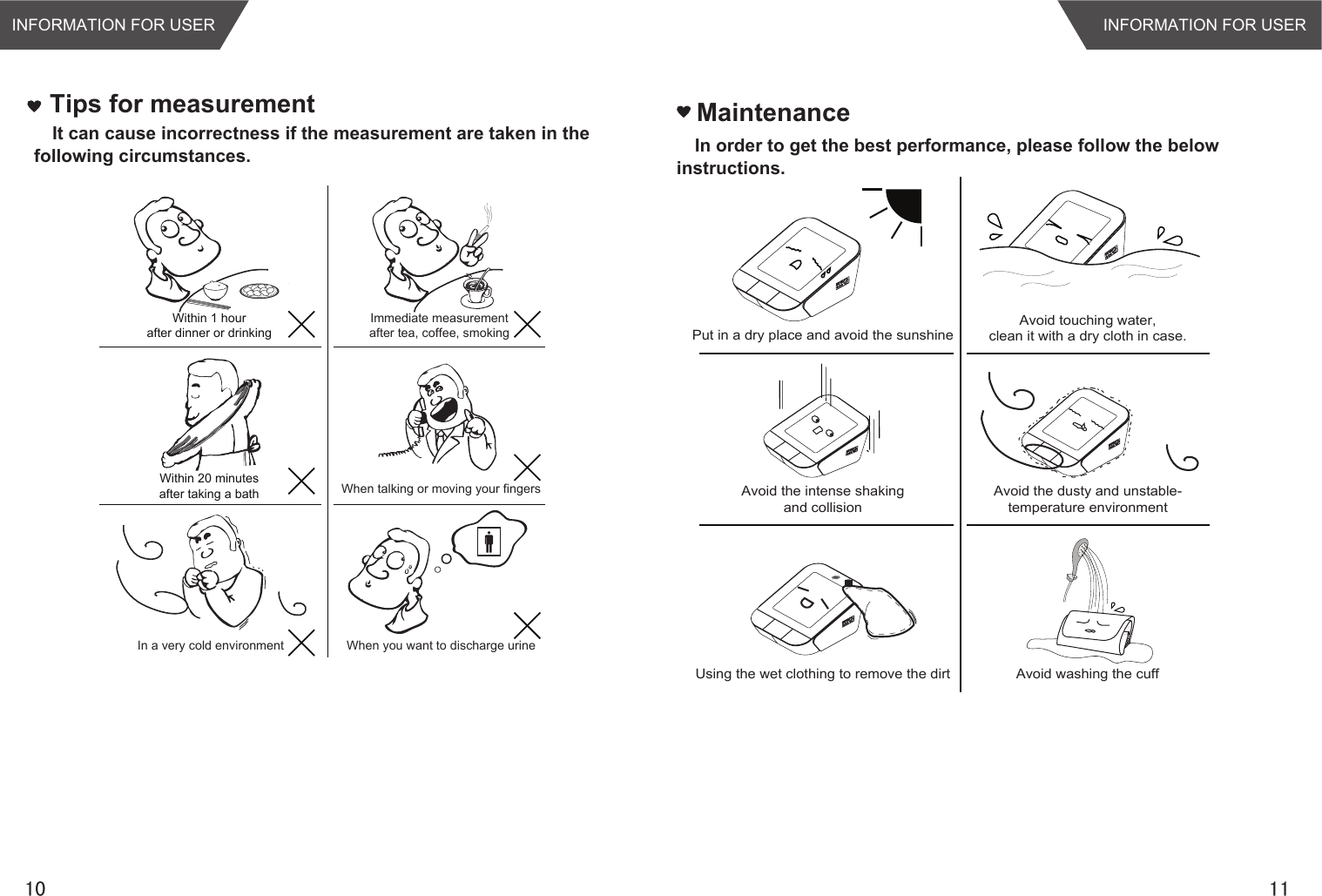 INFORMATION FOR USERMaintenanceIn order to get the best performance, please follow the below instructions.Put in a dry place and avoid the sunshineAvoid the intense shakingand collisionUsing the wet clothing to remove the dirtAvoid touching water,clean it with a dry cloth in case.Avoid the dusty and unstable-temperature environmentAvoid washing the cuff1110Tips for measurementIn a very cold environmentImmediate measurement after tea, coffee, smoking When talking or moving your fingersWhen you want to discharge urineIt can cause incorrectness if the measurement are taken in the following circumstances.Within 20 minutesafter taking a bathWithin 1 hourafter dinner or drinkingINFORMATION FOR USER