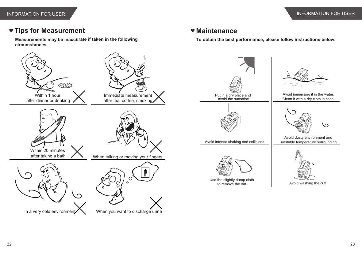 Tips for MeasurementWithin 1 hour after dinner or drinkingWithin 20 minutes after taking a bathIn a very cold environmentImmediate measurement after tea, coffee, smoking When talking or moving your fingersWhen you want to discharge urineMaintenanceTo obtain the best performance, please follow instructions below.Measurements may be inaccurate if taken in the following circumstances.Put in a dry place and avoid the sunshineAvoid intense shaking and collisions.Use the slightly damp cloth to remove the dirt.Avoid immersing it in the water.Clean it with a dry cloth in case.Avoid dusty environment and unstable temperature surroundingAvoid washing the cuff22 23INFORMATION FOR USERINFORMATION FOR USER