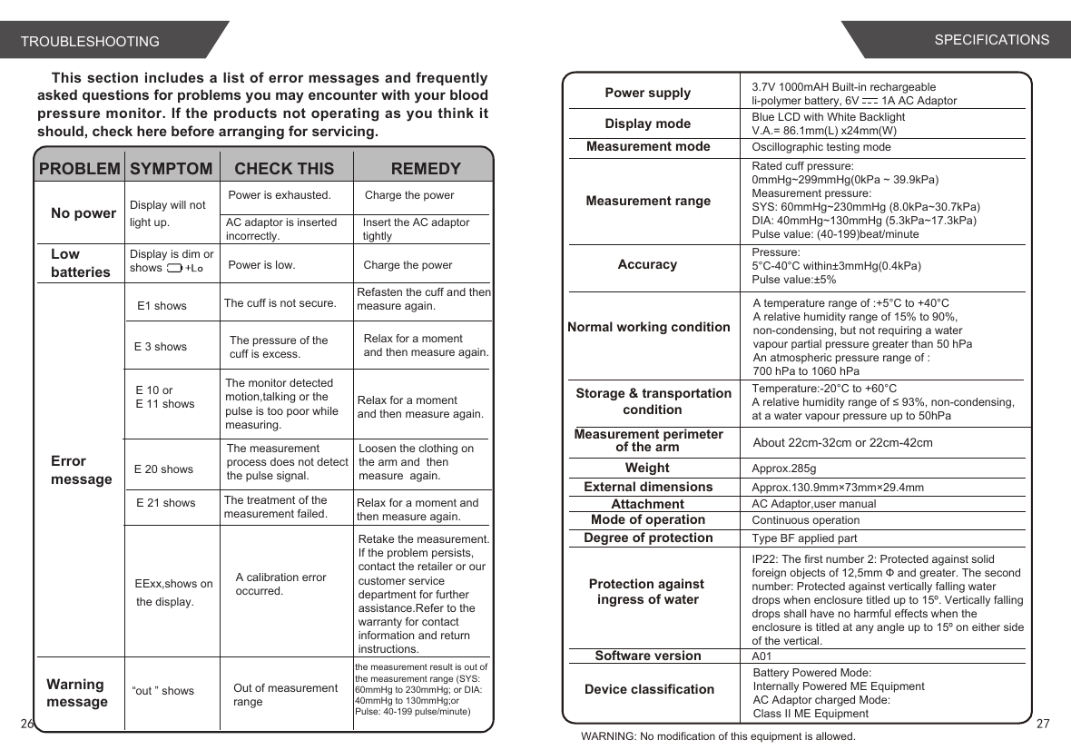 This section includes a list of error messages and frequently asked questions for problems you may encounter with your blood pressure monitor. If  the products not  operating as you think it should, check here before arranging for servicing.3.7V 1000mAH Built-in rechargeable li-polymer battery, 6V       1A AC AdaptorBlue LCD with White Backlight  V.A.= 86.1mm(L) x24mm(W)Approx.285gApprox.130.9mm×73mm×29.4mmAC Adaptor,user manualA01 Power supplyDisplay modeMeasurement mode Oscillographic testing modeMeasurement rangeAccuracyNormal working conditionStorage &amp; transportationconditionMeasurement perimeterof the armWeightExternal dimensionsAttachmentMode of operation Continuous operationDegree of protection Type BF applied partProtection against ingress of waterSoftware versionDevice classificationBattery Powered Mode:Internally Powered ME EquipmentAC Adaptor charged Mode:Class II ME EquipmentWARNING: No modification of this equipment is allowed.Pressure:5°C-40°C within±3mmHg(0.4kPa) Pulse value:±5%Rated cuff pressure: 0mmHg~299mmHg(0kPa ~ 39.9kPa)Measurement pressure: SYS: 60mmHg~230mmHg (8.0kPa~30.7kPa) DIA: 40mmHg~130mmHg (5.3kPa~17.3kPa)Pulse value: (40-199)beat/minuteIP22: The first number 2: Protected against solid foreign objects of 12,5mm Ф and greater. The second number: Protected against vertically falling water drops when enclosure titled up to 15º. Vertically falling drops shall have no harmful effects when the enclosure is titled at any angle up to 15º on either side of the vertical.About 22cm-32cm or 22cm-42cmA temperature range of :+5°C to +40°CA relative humidity range of 15% to 90%,non-condensing, but not requiring a watervapour partial pressure greater than 50 hPaAn atmospheric pressure range of :700 hPa to 1060 hPaTemperature:-20°C to +60°CA relative humidity range of ≤ 93%, non-condensing,at a water vapour pressure up to 50hPaPROBLEM SYMPTOM CHECK THIS REMEDYNo powerLowbatteriesErrormessageDisplay will notlight up.    E1 shows The cuff is not secure.E 3 showsRelax for a momentand then measure again.E 10 or E 11 showsThe monitor detectedmotion,talking or the pulse is too poor while measuring.E 20 showsE 21 shows Relax for a moment andthen measure again.EExx,shows on the display.A calibration erroroccurred.Retake the measurement.If the problem persists,contact the retailer or ourcustomer service department for further assistance.Refer to the warranty for contact information and return instructions.The measurement process does not detect the pulse signal.Loosen the clothing on the arm and  then  measure  again.The treatment of themeasurement failed.Power is exhausted. Charge the powerPower is low. Charge the powerDisplay is dim orshowsAC adaptor is insertedincorrectly.Insert the AC adaptortightlyRefasten the cuff and thenmeasure again.Warningmessage “out ” shows Out of measurementrangethe measurement result is out of the measurement range (SYS: 60mmHg to 230mmHg; or DIA: 40mmHg to 130mmHg;orPulse: 40-199 pulse/minute)Relax for a momentand then measure again.The pressure of thecuff is excess.TROUBLESHOOTING SPECIFICATIONS26 27