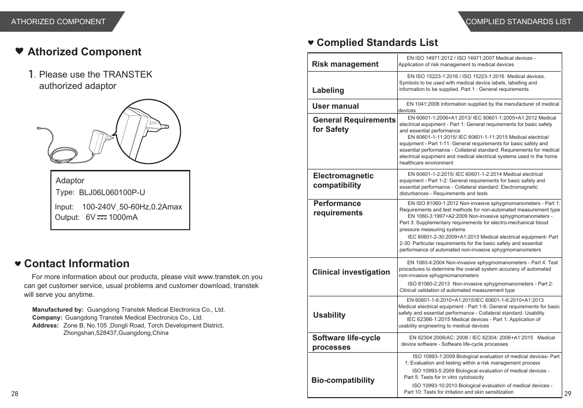 For more information about our products, please visit www.transtek.cn.you can get customer service, usual problems and customer download, transtek will serve you anytime.Contact InformationAthorized ComponentPlease use the TRANSTEK authorized adaptorManufactured by:Company:Address:Guangdong Transtek Medical Electronics Co., Ltd.Zone B, No.105 ,Dongli Road, Torch Development District, Zhongshan,528437,Guangdong,China  Guangdong Transtek Medical Electronics Co., Ltd.BLJ06L060100P-U100-240V 50-60Hz,0.2Amax6V      1000mAAdaptorType:Input:Output:Complied Standards ListEN ISO 14971:2012 / ISO 14971:2007 Medical devices - Application of risk management to medical devicesEN 1041:2008 Information supplied by the manufacturer of medical devicesEN 60601-1:2006+A1:2013/ IEC 60601-1:2005+A1:2012 Medical electrical equipment - Part 1: General requirements for basic safety and essential performanceEN 60601-1-11:2015/ IEC 60601-1-11:2015 Medical electrical equipment - Part 1-11: General requirements for basic safety and essential performance - Collateral standard: Requirements for medical electrical equipment and medical electrical systems used in the home healthcare environmentEN 60601-1-2:2015/ IEC 60601-1-2:2014 Medical electrical equipment - Part 1-2: General requirements for basic safety and essential performance - Collateral standard: Electromagnetic disturbances - Requirements and testsEN ISO 81060-1:2012 Non-invasive sphygmomanometers - Part 1: Requirements and test methods for non-automated measurement typeEN 1060-3:1997+A2:2009 Non-invasive sphygmomanometers - Part 3: Supplementary requirements for electro-mechanical blood pressure measuring systemsEN 1060-4:2004 Non-invasive sphygmomanometers - Part 4: Test procedures to determine the overall system accuracy of automated non-invasive sphygmomanometersEN 60601-1-6:2010+A1:2015/IEC 60601-1-6:2010+A1:2013 Medical electrical equipment - Part 1-6: General requirements for basic safety and essential performance - Collateral standard: UsabilityIEC 62366-1:2015 Medical devices - Part 1: Application of usability engineering to medical devicesEN 62304:2006/AC: 2008 / IEC 62304: 2006+A1:2015   Medical device software - Software life-cycle processesRisk managementLabelingUser manualGeneral Requirements for SafetyElectromagneticcompatibilityPerformancerequirementsClinical investigationUsabilitySoftware life-cycle processesBio-compatibilityISO 10993-1:2009 Biological evaluation of medical devices- Part 1: Evaluation and testing within a risk management processISO 10993-5:2009 Biological evaluation of medical devices - Part 5: Tests for in vitro cytotoxicityISO 10993-10:2010 Biological evaluation of medical devices - Part 10: Tests for irritation and skin sensitizationEN ISO 15223-1:2016 / ISO 15223-1:2016  Medical devices. Symbols to be used with medical device labels, labelling and information to be supplied. Part 1 : General requirementsIEC 80601-2-30:2009+A1:2013 Medical electrical equipment- Part 2-30: Particular requirements for the basic safety and essential performance of automated non-invasive sphygmomanometersISO 81060-2:2013  Non-invasive sphygmomanometers - Part 2: Clinical validation of automated measurement typeCOMPLIED STANDARDS LIST28 29ATHORIZED COMPONENT