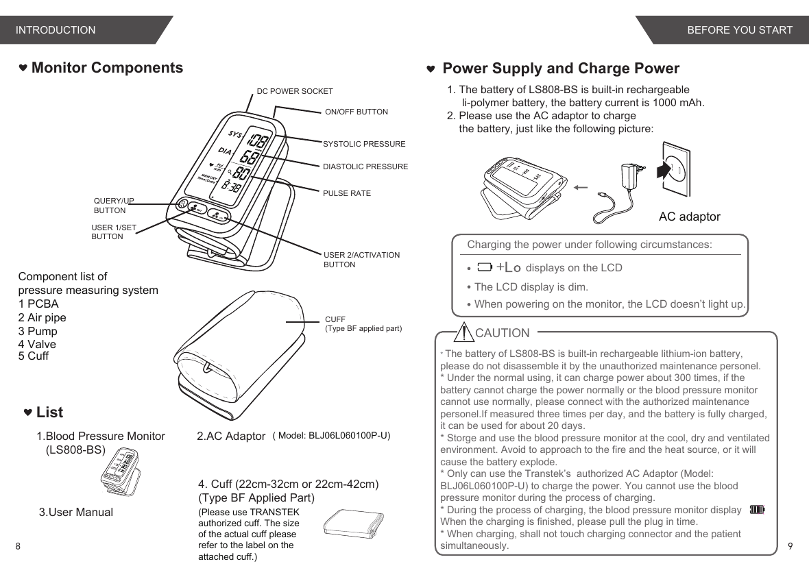 Monitor Components1. The battery of LS808-BS is built-in rechargeable     li-polymer battery, the battery current is 1000 mAh.2. Please use the AC adaptor to charge    the battery, just like the following picture: Power Supply and Charge PowerCharging the power under following circumstances:displays on the LCDThe LCD display is dim.When powering on the monitor, the LCD doesn’t light up.AC adaptorCAUTION* The battery of LS808-BS is built-in rechargeable lithium-ion battery, please do not disassemble it by the unauthorized maintenance personel. * Under the normal using, it can charge power about 300 times, if the battery cannot charge the power normally or the blood pressure monitor cannot use normally, please connect with the authorized maintenance personel.If measured three times per day, and the battery is fully charged, it can be used for about 20 days.* Storge and use the blood pressure monitor at the cool, dry and ventilated environment. Avoid to approach to the fire and the heat source, or it will cause the battery explode.* Only can use the Transtek’s  authorized AC Adaptor (Model: BLJ06L060100P-U) to charge the power. You cannot use the blood pressure monitor during the process of charging.* During the process of charging, the blood pressure monitor display When the charging is finished, please pull the plug in time.* When charging, shall not touch charging connector and the patient simultaneously.List1.Blood Pressure Monitor   (LS808-BS)2.AC Adaptor   ( Model: BLJ06L060100P-U)3.User Manual4. Cuff (22cm-32cm or 22cm-42cm) (Type BF Applied Part)Component list of pressure measuring system1 PCBA2 Air pipe3 Pump4 Valve5 CuffSYSTOLIC PRESSUREDIASTOLIC PRESSUREQUERY/UPBUTTONUSER 2/ACTIVATION BUTTONUSER 1/SET BUTTONCUFF(Type BF applied part)PULSE RATEON/OFF BUTTONDC POWER SOCKET(Please use TRANSTEK authorized cuff. The size of the actual cuff please refer to the label on the attached cuff.)BEFORE YOU START8 9INTRODUCTION