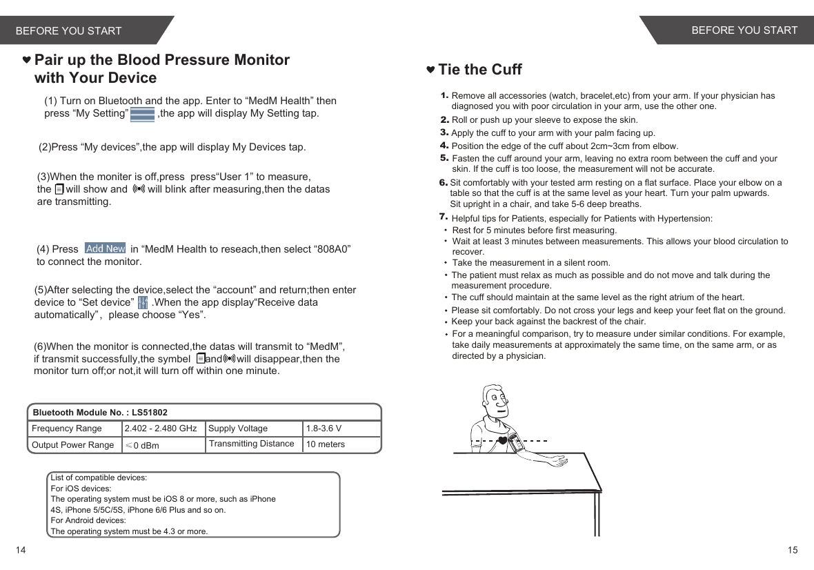 Tie the Cuff1.2.3.4.5.Remove all accessories (watch, bracelet,etc) from your arm. If your physician has diagnosed you with poor circulation in your arm, use the other one.Roll or push up your sleeve to expose the skin.Apply the cuff to your arm with your palm facing up.Position the edge of the cuff about 2cm~3cm from elbow.Fasten the cuff around your arm, leaving no extra room between the cuff and your skin. If the cuff is too loose, the measurement will not be accurate.Sit comfortably with your tested arm resting on a flat surface. Place your elbow on a table so that the cuff is at the same level as your heart. Turn your palm upwards. Sit upright in a chair, and take 5-6 deep breaths.Rest for 5 minutes before first measuring.Wait at least 3 minutes between measurements. This allows your blood circulation to recover.The patient must relax as much as possible and do not move and talk during the measurement procedure.For a meaningful comparison, try to measure under similar conditions. For example, take daily measurements at approximately the same time, on the same arm, or as directed by a physician.6.7.Take the measurement in a silent room.The cuff should maintain at the same level as the right atrium of the heart.Please sit comfortably. Do not cross your legs and keep your feet flat on the ground.Keep your back against the backrest of the chair.Helpful tips for Patients, especially for Patients with Hypertension:Pair up the Blood Pressure Monitorwith Your Device(2)Press “My devices”,the app will display My Devices tap. Bluetooth Module No. : LS51802Frequency RangeOutput Power RangeSupply Voltage2.402 - 2.480 GHz≤0 dBm1.8-3.6 VTransmitting Distance 10 meters(5)After selecting the device,select the “account” and return;then enter device to “Set device”      .When the app display“Receive data automatically”，please choose “Yes”.(1) Turn on Bluetooth and the app. Enter to “MedM Health” then press “My Setting”          ,the app will display My Setting tap.(4) Press                  in “MedM Health to reseach,then select “808A0”                     to connect the monitor.  (3)When the moniter is off,press  press“User 1” to measure, the     will show and       will blink after measuring,then the datas are transmitting.(6)When the monitor is connected,the datas will transmit to “MedM”,if transmit successfully,the symbel     and     will disappear,then the monitor turn off;or not,it will turn off within one minute.List of compatible devices:For iOS devices:The operating system must be iOS 8 or more, such as iPhone4S, iPhone 5/5C/5S, iPhone 6/6 Plus and so on.For Android devices:The operating system must be 4.3 or more.14 15BEFORE YOU START BEFORE YOU START