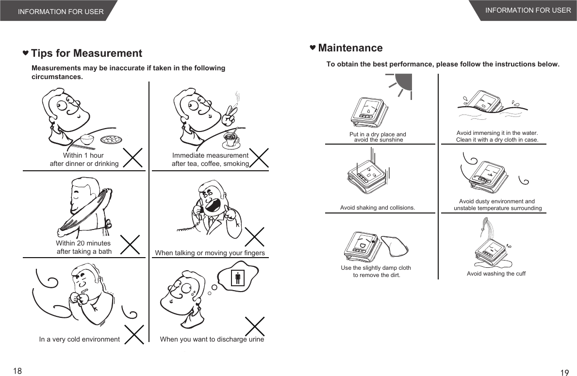 Tips for MeasurementWithin 1 hour after dinner or drinkingWithin 20 minutes after taking a bathIn a very cold environmentImmediate measurement after tea, coffee, smoking When talking or moving your fingersWhen you want to discharge urineMEMSETMEMSETMEMSET18MaintenanceTo obtain the best performance, please follow the instructions below.Put in a dry place and avoid the sunshineAvoid shaking and collisions.Use the slightly damp cloth to remove the dirt.Avoid immersing it in the water.Clean it with a dry cloth in case.Avoid dusty environment and unstable temperature surroundingAvoid washing the cuffMEMSETMEMSETMEMSET19Measurements may be inaccurate if taken in the following circumstances.INFORMATION FOR USER INFORMATION FOR USER