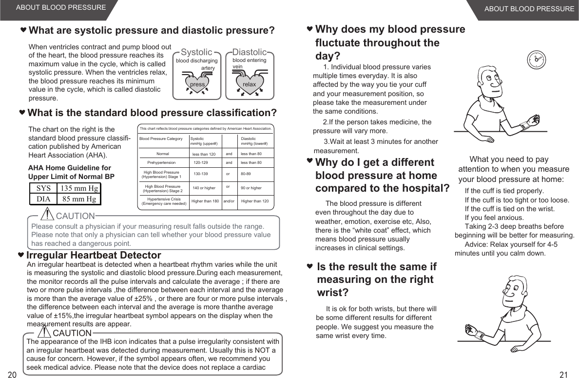         2120Why does my blood pressure fluctuate throughout the day?  MEMSETMEMSET1. Individual blood pressure varies multiple times everyday. It is also affected by the way you tie your cuff and your measurement position, so please take the measurement under the same conditions.2.If the person takes medicine, the pressure will vary more.3.Wait at least 3 minutes for another measurement.The blood pressure is different even throughout the day due to weather, emotion, exercise etc, Also, there is the “white coat” effect, which means blood pressure usually increases in clinical settings.What you need to pay attention to when you measure your blood pressure at home: If the cuff is tied properly. If the cuff is too tight or too loose.If the cuff is tied on the wrist.If you feel anxious.Taking 2-3 deep breaths before beginning will be better for measuring.        Advice: Relax yourself for 4-5 minutes until you calm down.It is ok for both wrists, but there will be some different results for different people. We suggest you measure the same wrist every time.Why do I get a differentblood pressure at homecompared to the hospital?Is the result the same ifmeasuring on the rightwrist?ABOUT BLOOD PRESSURE ABOUT BLOOD PRESSUREWhat are systolic pressure and diastolic pressure? pressartery veinblood dischargingSystolicrelaxblood enteringDiastolic  What is the standard blood pressure classification?When ventricles contract and pump blood out of the heart, the blood pressure reaches its maximum value in the cycle, which is called systolic pressure. When the ventricles relax, the blood pressure reaches its minimum value in the cycle, which is called diastolic pressure.Irregular Heartbeat DetectorCAUTIONThe appearance of the IHB icon indicates that a pulse irregularity consistent with an irregular heartbeat was detected during measurement. Usually this is NOT a cause for concern. However, if the symbol appears often, we recommend you seek medical advice. Please note that the device does not replace a cardiac The chart on the right is the standard blood pressure classifi-cation published by AmericanHeart Association (AHA).AHA Home Guideline for Upper Limit of Normal BPPlease consult a physician if your measuring result falls outside the range. Please note that only a physician can tell whether your blood pressure value has reached a dangerous point.CAUTIONSYS 135 mm HgDIA 85 mm HgBlood Pressure CategoryNormalPrehypertensionHigh Blood Pressure(Hypertension) Stage 1High Blood Pressure(Hypertension) Stage 2Hypertensive Crisis(Emergency care needed)SystolicmmHg (upper#)DiastolicmmHg (lower#)less than 120120-129130-139140 or higherHigher than 180andororand/orless than 8080-8990 or higherHigher than 120This chart reflects blood pressure categories defined by American Heart Association.An irregular heartbeat is detected when a heartbeat rhythm varies while the unit is measuring the systolic and diastolic blood pressure.During each measurement, the monitor records all the pulse intervals and calculate the average ; if there are two or more pulse intervals ,the difference between each interval and the average is more than the average value of ±25% , or there are four or more pulse intervals ,the difference between each interval and the average is more thanthe average value of ±15%,the irregular heartbeat symbol appears on the display when themeasurement results are appear.and less than 80