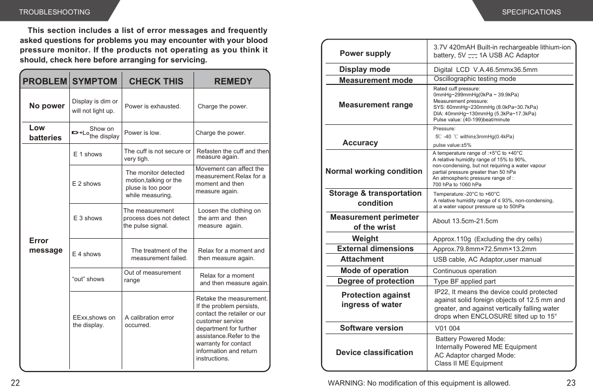 22Power supply 3.7V 420mAH Built-in rechargeable lithium-ion battery, 5V       1A USB AC AdaptorDisplay mode Digital  LCD  V.A.46.5mmx36.5mmMeasurement mode Oscillographic testing modeMeasurement rangeAccuracyNormal working conditionStorage &amp; transportationconditionMeasurement perimeterof the wrist About 13.5cm-21.5cmWeight Approx.110gExternal dimensionsAttachmentApprox.79.8mm×72.5mm×13.2mmUSB cable, AC Adaptor,user manualMode of operation Continuous operationDegree of protection Type BF applied partProtection against ingress of waterIP22, It means the device could protectedagainst solid foreign objects of 12.5 mm andgreater, and against vertically falling waterdrops when ENCLOSURE tilted up to 15°Software versionDevice classificationV01 004Battery Powered Mode: Internally Powered ME EquipmentWARNING: No modification of this equipment is allowed.Pressure:5℃-40 ℃within±3mmHg(0.4kPa) pulse value:±5%AC Adaptor charged Mode: Class II ME Equipment23SPECIFICATIONSTROUBLESHOOTINGRated cuff pressure: 0mmHg~299mmHg(0kPa ~ 39.9kPa)Measurement pressure: SYS: 60mmHg~230mmHg (8.0kPa~30.7kPa) DIA: 40mmHg~130mmHg (5.3kPa~17.3kPa)Pulse value: (40-199)beat/minuteThis section includes a list of error messages and frequently asked questions for problems you may encounter with your blood pressure monitor. If the products not operating as you think it should, check here before arranging for servicing.PROBLEM SYMPTOM CHECK THIS REMEDYNo powerLowbatteriesErrormessageDisplay is dim orwill not light up. Power is exhausted.Charge the power.Show onthe display Power is low.E 2 showsRelax for a momentand then measure again.Movement can affect themeasurement.Relax for a moment and then measure again.E 3 showsE 4 shows Relax for a moment andthen measure again.EExx,shows on the display.A calibration erroroccurred.Retake the measurement.If the problem persists,contact the retailer or ourcustomer service department for further assistance.Refer to the warranty for contact information and return instructions.The measurement process does not detect the pulse signal.Loosen the clothing on the arm and  then  measure  again.Charge the power.The cuff is not secure orvery tigh.E 1 shows Refasten the cuff and thenmeasure again.“out” showsOut of measurementrangeThe treatment of themeasurement failed.The monitor detectedmotion,talking or thepluse is too poorwhile measuring.(Excluding the dry cells)Temperature:-20°C to +60°CA relative humidity range of ≤ 93%, non-condensing, at a water vapour pressure up to 50hPaA temperature range of :+5°C to +40°C A relative humidity range of 15% to 90%, non-condensing, but not requiring a water vapour partial pressure greater than 50 hPaAn atmospheric pressure range of : 700 hPa to 1060 hPa
