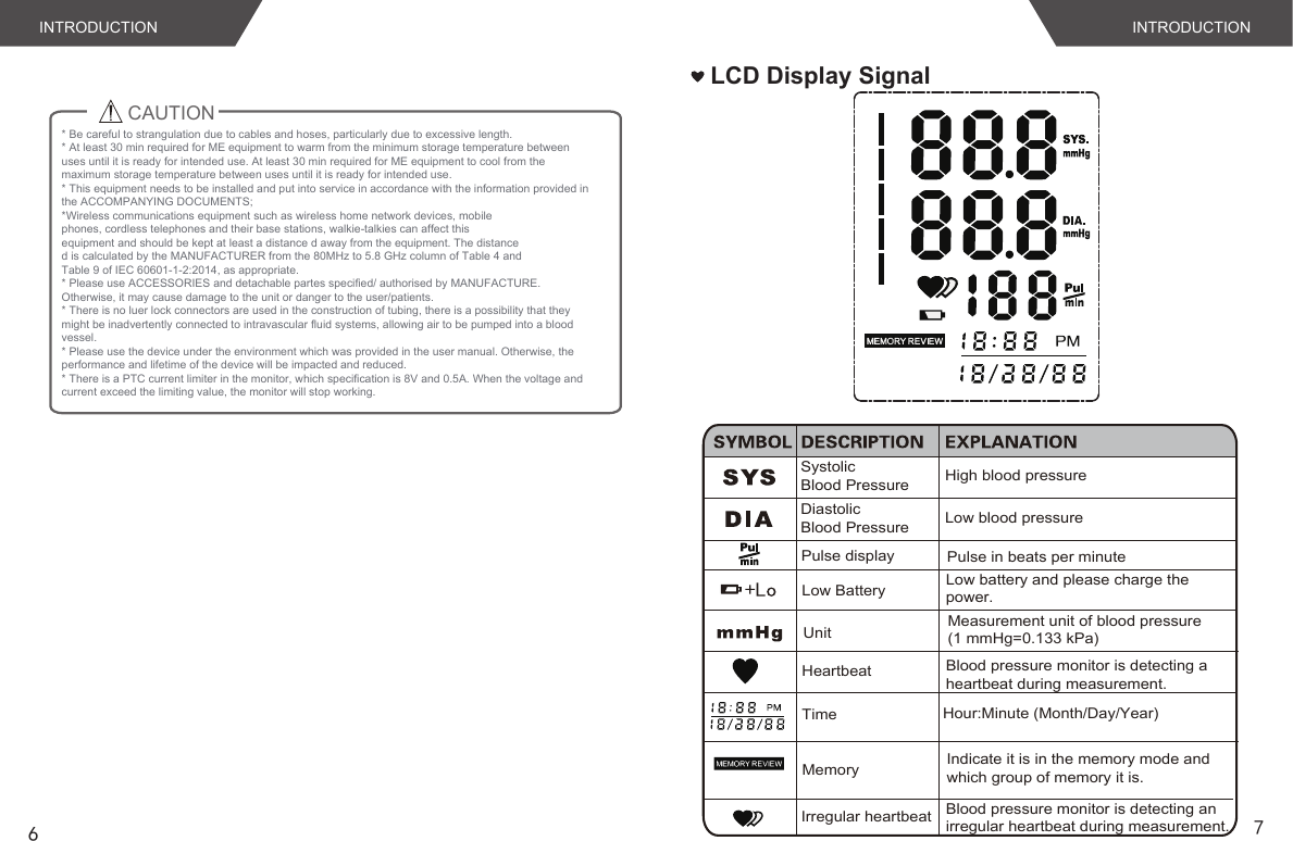 INTRODUCTION INTRODUCTION6LCD Display Signal7CAUTION         * Be careful to strangulation due to cables and hoses, particularly due to excessive length.* At least 30 min required for ME equipment to warm from the minimum storage temperature between uses until it is ready for intended use. At least 30 min required for ME equipment to cool from the maximum storage temperature between uses until it is ready for intended use.* This equipment needs to be installed and put into service in accordance with the information provided in the ACCOMPANYING DOCUMENTS;*Wireless communications equipment such as wireless home network devices, mobilephones, cordless telephones and their base stations, walkie-talkies can affect thisequipment and should be kept at least a distance d away from the equipment. The distanced is calculated by the MANUFACTURER from the 80MHz to 5.8 GHz column of Table 4 andTable 9 of IEC 60601-1-2:2014, as appropriate.* Please use ACCESSORIES and detachable partes specified/ authorised by MANUFACTURE. Otherwise, it may cause damage to the unit or danger to the user/patients.* There is no luer lock connectors are used in the construction of tubing, there is a possibility that they might be inadvertently connected to intravascular fluid systems, allowing air to be pumped into a blood vessel.* Please use the device under the environment which was provided in the user manual. Otherwise, the performance and lifetime of the device will be impacted and reduced.* There is a PTC current limiter in the monitor, which specification is 8V and 0.5A. When the voltage and current exceed the limiting value, the monitor will stop working. Systolic Blood Pressure High blood pressureDiastolic Blood Pressure Low blood pressureUnit Measurement unit of blood pressure(1 mmHg=0.133 kPa)Time Hour:Minute (Month/Day/Year)Low Battery Low battery and please charge the power.MemoryPulse in beats per minutePulse display Heartbeat Blood pressure monitor is detecting a heartbeat during measurement.Indicate it is in the memory mode and which group of memory it is.Irregular heartbeat Blood pressure monitor is detecting anirregular heartbeat during measurement.