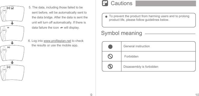 9 10CautionsSymbol meaning6. Log into www.profileplan.net to check    the results or use the mobile app.5. The data, including those failed to be sent before, will be automatically sent to the data bridge. After the data is sent the unit will turn off automatically. If there is data failure the icon      will display.To prevent the product from harming users and to prolong product life, please follow guidelines below.General instruction ForbiddenDisassembly is forbidden