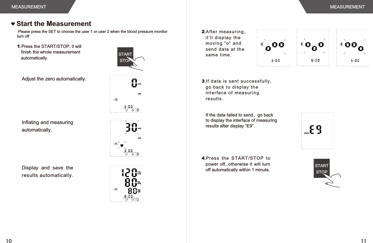 STARTSTOPSTARTSTOP1.Press the START/STOP, it will finish the whole measurement automatically.Adjust the zero automatically. Please press the SET to choose the user 1 or user 2 when the blood pressure monitor turn offInflating and measuring automatically.Display  and  save  the results automatically.Start the Measurement4.Press   the  ST AR T/S TO P  t opower off, otherwise it  will  turnoff automatically within 1 minute.2.After  meas uring ，it’ll  disp lay t he movin g “o”  and send data at the same  time.3.If da ta is  sent  succ essfu lly, go ba ck to  disp lay t he inter face  of me asuri ng resul ts.If the data failed to send，go back to display the interface of measuring results after display “E9”.MEASUREMENT MEASUREMENT