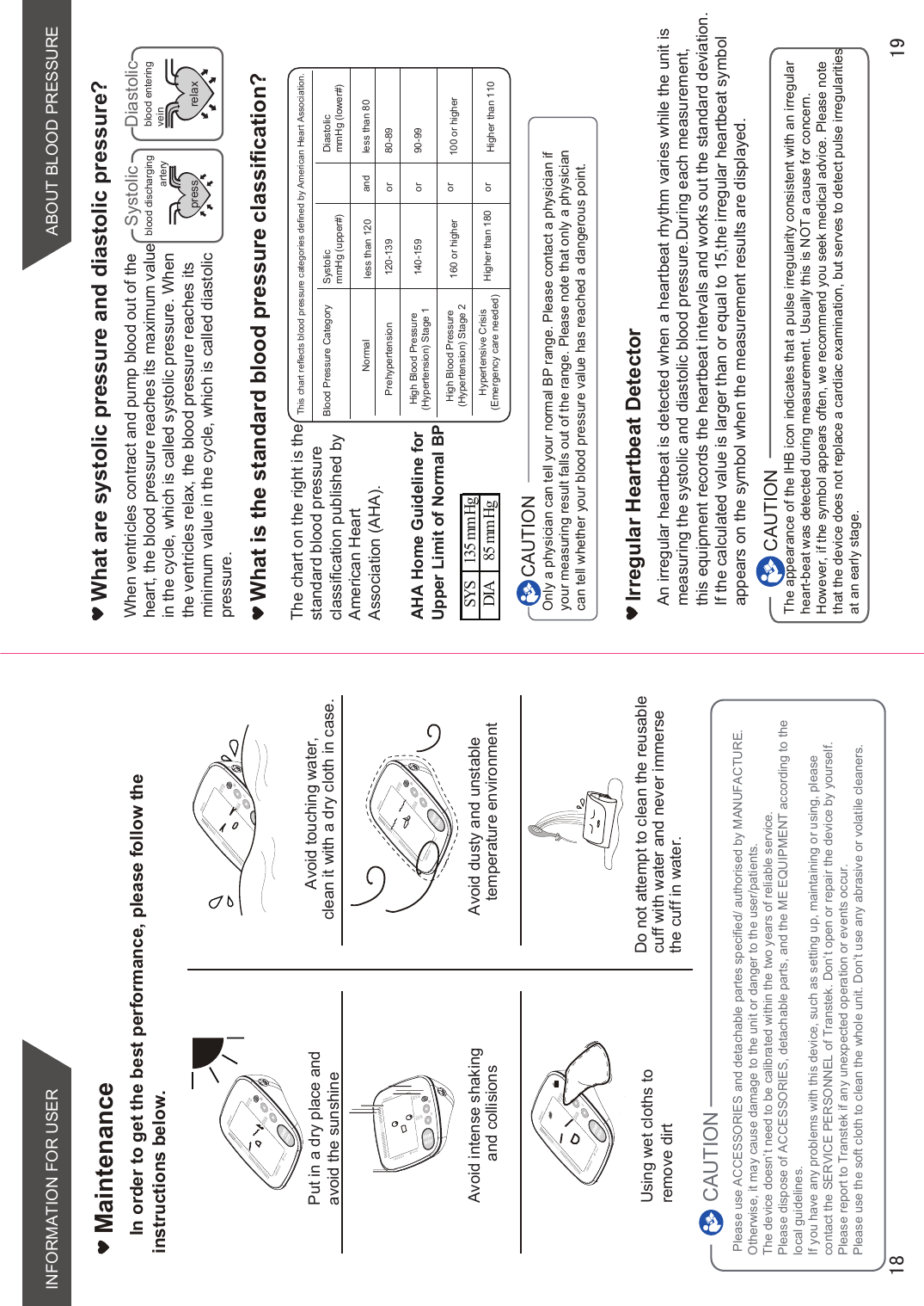 INFORMATION FOR USERMaintenanceIn order to get the best performance, please follow the  instructions below.Put in a dry place and avoid the sunshineAvoid intense shakingand collisionsUsing wet cloths to remove dirtAvoid touching water,clean it with a dry cloth in case.Avoid dusty and unstabletemperature environmentDo not attempt to clean the reusable cuff with water and never immerse  the cuff in water.ABOUT BLOOD PRESSUREWhat are systolic pressure and diastolic pressure? pressartery veinblood dischargingSystolicrelaxblood enteringDiastolic  When ventricles contract and pump blood out of the heart, the blood pressure reaches its maximum value in the cycle, which is called systolic pressure. When the ventricles relax, the blood pressure reaches its minimum value in the cycle, which is called diastolic pressure.What is the standard blood pressure classification?Irregular Heartbeat DetectorCAUTIONThe appearance of the IHB icon indicates that a pulse irregularity consistent with an irregular heart-beat was detected during measurement. Usually this is NOT a cause for concern. However, if the symbol appears often, we recommend you seek medical advice. Please note that the device does not replace a cardiac examination, but serves to detect pulse irregularities at an early stage.Only a physician can tell your normal BP range. Please contact a physician if your measuring result falls out of the range. Please note that only a physician can tell whether your blood pressure value has reached a dangerous point.The chart on the right is the standard blood pressure classification published by American Heart Association (AHA).CAUTIONBlood Pressure CategoryNormalPrehypertensionHigh Blood Pressure(Hypertension) Stage 1High Blood Pressure(Hypertension) Stage 2Hypertensive Crisis(Emergency care needed)SystolicmmHg (upper#)DiastolicmmHg (lower#)less than 120120-139140-159160 or higherHigher than 180andororororless than 8080-8990-99100 or higherHigher than 110This chart reflects blood pressure categories defined by American Heart Association.AHA Home Guideline for Upper Limit of Normal BPSYS 135 mm HgDIA 85 mm Hg Please use ACCESSORIES and detachable partes specified/ authorised by MANUFACTURE. Otherwise, it may cause damage to the unit or danger to the user/patients.The device doesn’t need to be calibrated within the two years of reliable service.Please dispose of ACCESSORIES, detachable parts, and the ME EQUIPMENT according to thelocal guidelines.If you have any problems with this device, such as setting up, maintaining or using, please contact the SERVICE PERSONNEL of Transtek. Don’t open or repair the device by yourself. Please report to Transtek if any unexpected operation or events occur.Please use the soft cloth to clean the whole unit. Don’t use any abrasive or volatile cleaners.CAUTIONAn irregular heartbeat is detected when a heartbeat rhythm varies while the unit is measuring the systolic and diastolic blood pressure.During each measurement, this equipment records the heartbeat intervals and works out the standard deviation. If the calculated value is larger than or equal to 15,the irregular heartbeat symbol appears on the symbol when the measurement results are displayed.