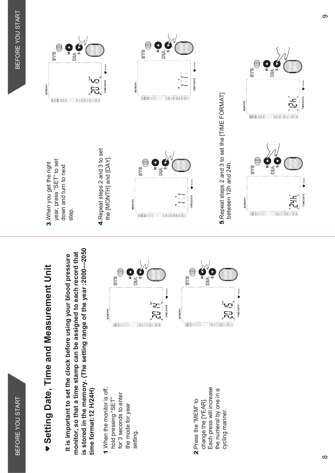 Setting Date, Time and Measurement UnitBEFORE YOU STARTBEFORE YOU STARTPul/minMEMORYTIME /DATESMSTARTSTOPPul/minMEMORYTIME /DATESMSTARTSTOP  It is important to set the clock before using your blood pressure monitor, so that a time stamp can be assigned to each record that   is stored in the memory. (The setting range of the year :2000—2050 time format:12 H/24H)1.When the monitor is off, hold pressing “SET” for 3 seconds to enter the mode for year setting.2.Press the “MEM” to change the [YEAR]. Each press will increase the numeral by one in a cycling manner.Pul/minMEMORYTIME /DATESMSTARTSTOPPul/minMEMORYTIME /DATESMSTARTSTOPPul/minMEMORYTIME /DATESMSTARTSTOP3.When you get the right year, press “SET” to set down and turn to next step.4.Repeat steps 2 and 3 to set the [MONTH] and [DAY].5.Repeat steps 2 and 3 to set the [TIME FORMAT] between 12h and 24h. Pul/minMEMORYTIME /DATESMSTARTSTOPPul/minMEMORYTIME /DATESMSTARTSTOP