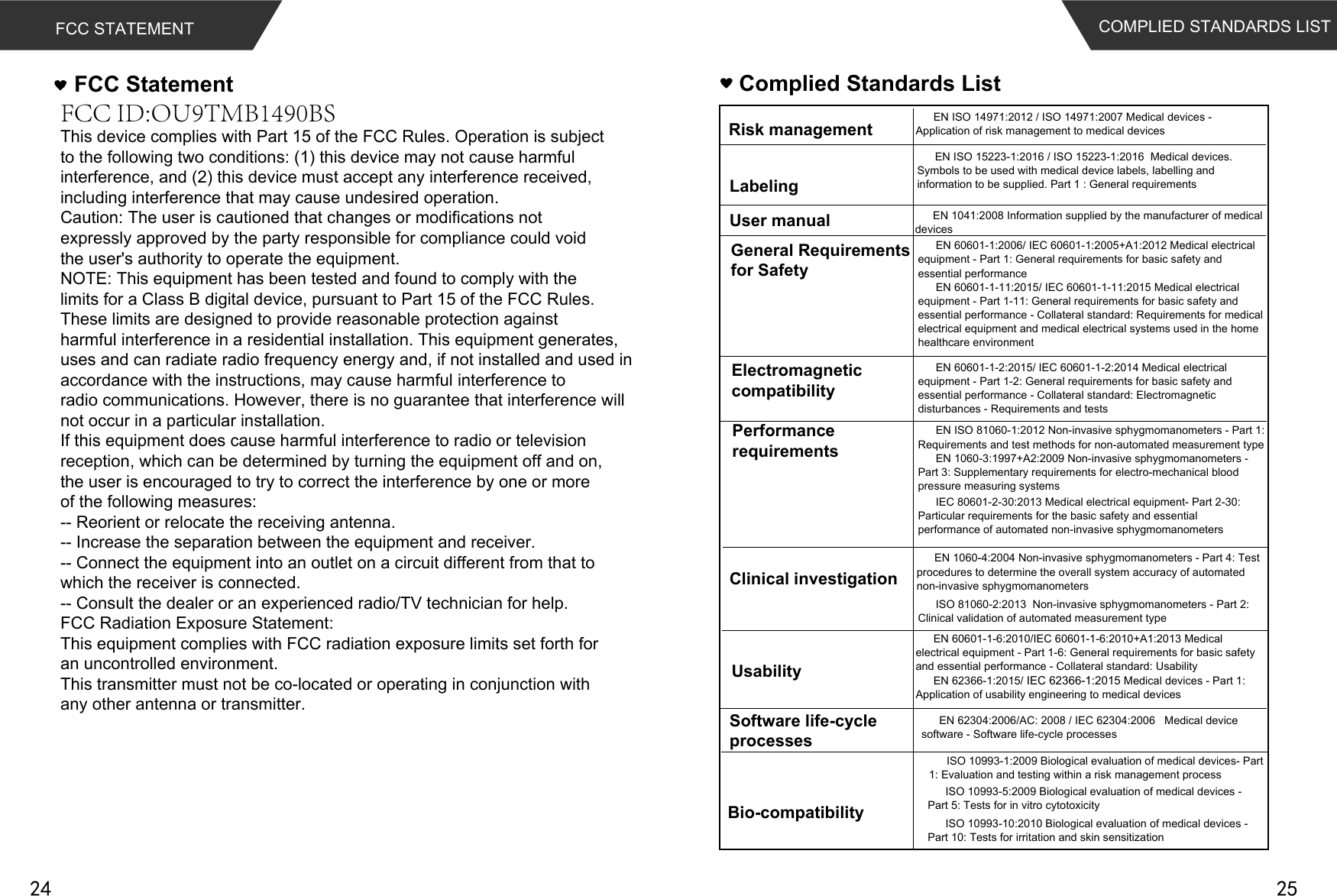  COMPLIED STANDARDS LISTComplied Standards ListEN ISO 14971:2012 / ISO 14971:2007 Medical devices - Application of risk management to medical devicesEN 1041:2008 Information supplied by the manufacturer of medical devicesEN 60601-1:2006/ IEC 60601-1:2005+A1:2012 Medical electrical equipment - Part 1: General requirements for basic safety and essential performanceEN 60601-1-11:2015/ IEC 60601-1-11:2015 Medical electrical equipment - Part 1-11: General requirements for basic safety and essential performance - Collateral standard: Requirements for medical electrical equipment and medical electrical systems used in the home healthcare environmentEN 60601-1-2:2015/ IEC 60601-1-2:2014 Medical electrical equipment - Part 1-2: General requirements for basic safety and essential performance - Collateral standard: Electromagnetic disturbances - Requirements and testsEN ISO 81060-1:2012 Non-invasive sphygmomanometers - Part 1: Requirements and test methods for non-automated measurement typeEN 1060-3:1997+A2:2009 Non-invasive sphygmomanometers - Part 3: Supplementary requirements for electro-mechanical blood pressure measuring systemsEN 1060-4:2004 Non-invasive sphygmomanometers - Part 4: Test procedures to determine the overall system accuracy of automated non-invasive sphygmomanometersEN 60601-1-6:2010/IEC 60601-1-6:2010+A1:2013 Medical electrical equipment - Part 1-6: General requirements for basic safety and essential performance - Collateral standard: UsabilityEN 62366-1:2015/ IEC 62366-1:2015 Medical devices - Part 1: Application of usability engineering to medical devicesEN 62304:2006/AC: 2008 / IEC 62304:2006   Medical device software - Software life-cycle processesRisk managementLabelingUser manualGeneral Requirements for SafetyElectromagneticcompatibilityPerformancerequirementsClinical investigationUsabilitySoftware life-cycle processesBio-compatibilityISO 10993-1:2009 Biological evaluation of medical devices- Part 1: Evaluation and testing within a risk management processISO 10993-5:2009 Biological evaluation of medical devices - Part 5: Tests for in vitro cytotoxicityISO 10993-10:2010 Biological evaluation of medical devices - Part 10: Tests for irritation and skin sensitizationEN ISO 15223-1:2016 / ISO 15223-1:2016  Medical devices. Symbols to be used with medical device labels, labelling and information to be supplied. Part 1 : General requirementsIEC 80601-2-30:2013 Medical electrical equipment- Part 2-30: Particular requirements for the basic safety and essential performance of automated non-invasive sphygmomanometersISO 81060-2:2013  Non-invasive sphygmomanometers - Part 2: Clinical validation of automated measurement typeThis device complies with Part 15 of the FCC Rules. Operation is subjectto the following two conditions: (1) this device may not cause harmfulinterference, and (2) this device must accept any interference received,including interference that may cause undesired operation.Caution: The user is cautioned that changes or modifications notexpressly approved by the party responsible for compliance could voidthe user&apos;s authority to operate the equipment.NOTE: This equipment has been tested and found to comply with thelimits for a Class B digital device, pursuant to Part 15 of the FCC Rules.These limits are designed to provide reasonable protection againstharmful interference in a residential installation. This equipment generates,uses and can radiate radio frequency energy and, if not installed and used inaccordance with the instructions, may cause harmful interference toradio communications. However, there is no guarantee that interference willnot occur in a particular installation.If this equipment does cause harmful interference to radio or televisionreception, which can be determined by turning the equipment off and on,the user is encouraged to try to correct the interference by one or moreof the following measures:-- Reorient or relocate the receiving antenna.-- Increase the separation between the equipment and receiver.-- Connect the equipment into an outlet on a circuit different from that towhich the receiver is connected.-- Consult the dealer or an experienced radio/TV technician for help.FCC Radiation Exposure Statement:This equipment complies with FCC radiation exposure limits set forth foran uncontrolled environment.This transmitter must not be co-located or operating in conjunction withany other antenna or transmitter.FCC StatementFCC ID:OU9TMB1490BSFCC STATEMENT