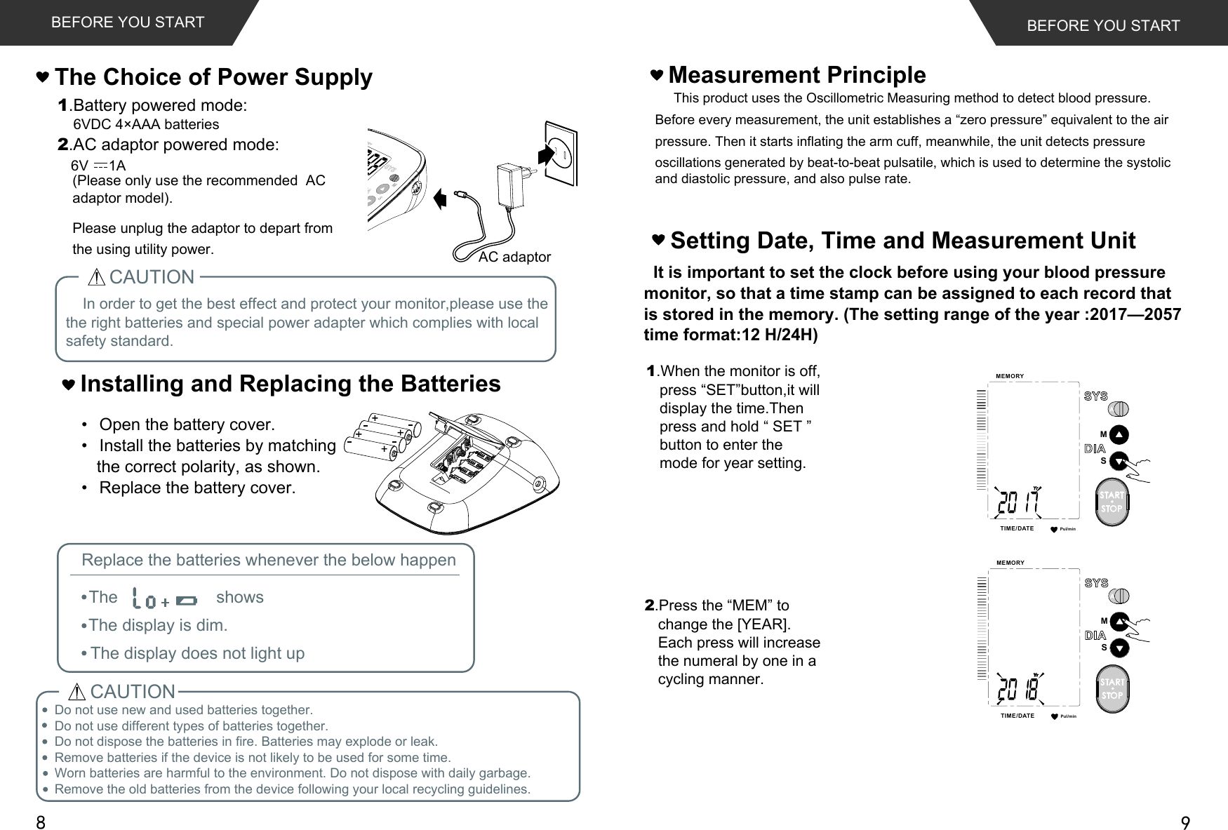 Pul/minMEMORYTIME /DATESMSTARTSTOPPul/minMEMORYTIME /DATESMSTARTSTOPIn order to get the best effect and protect your monitor,please use the the right batteries and special power adapter which complies with local safety standard.Open the battery cover.Install the batteries by matching the correct polarity, as shown.Replace the battery cover.Installing and Replacing the BatteriesCAUTIONCAUTIONReplace the batteries whenever the below happenThe                     showsThe display is dim.The display does not light up AC adaptorThe Choice of Power Supply1.Battery powered mode:    6VDC 4×AAA batteries2.AC adaptor powered mode:(Please only use the recommended  AC adaptor model). Please unplug the adaptor to depart fromthe using utility power.BEFORE YOU STARTMeasurement PrincipleSetting Date, Time and Measurement Unit  It is important to set the clock before using your blood pressure monitor, so that a time stamp can be assigned to each record that   is stored in the memory. (The setting range of the year :2017—2057time format:12 H/24H)This product uses the Oscillometric Measuring method to detect blood pressure.  Before every measurement, the unit establishes a “zero pressure” equivalent to the air pressure. Then it starts inflating the arm cuff, meanwhile, the unit detects pressure oscillations generated by beat-to-beat pulsatile, which is used to determine the systolic and diastolic pressure, and also pulse rate.1.When the monitor is off, press “SET”button,it will display the time.Then press and hold “ SET ” button to enter the mode for year setting. 2.Press the “MEM” to change the [YEAR]. Each press will increase the numeral by one in a cycling manner.BEFORE YOU START   6V     1ADo not use new and used batteries together. Do not use different types of batteries together.Do not dispose the batteries in fire. Batteries may explode or leak.Remove batteries if the device is not likely to be used for some time.Worn batteries are harmful to the environment. Do not dispose with daily garbage.Remove the old batteries from the device following your local recycling guidelines.