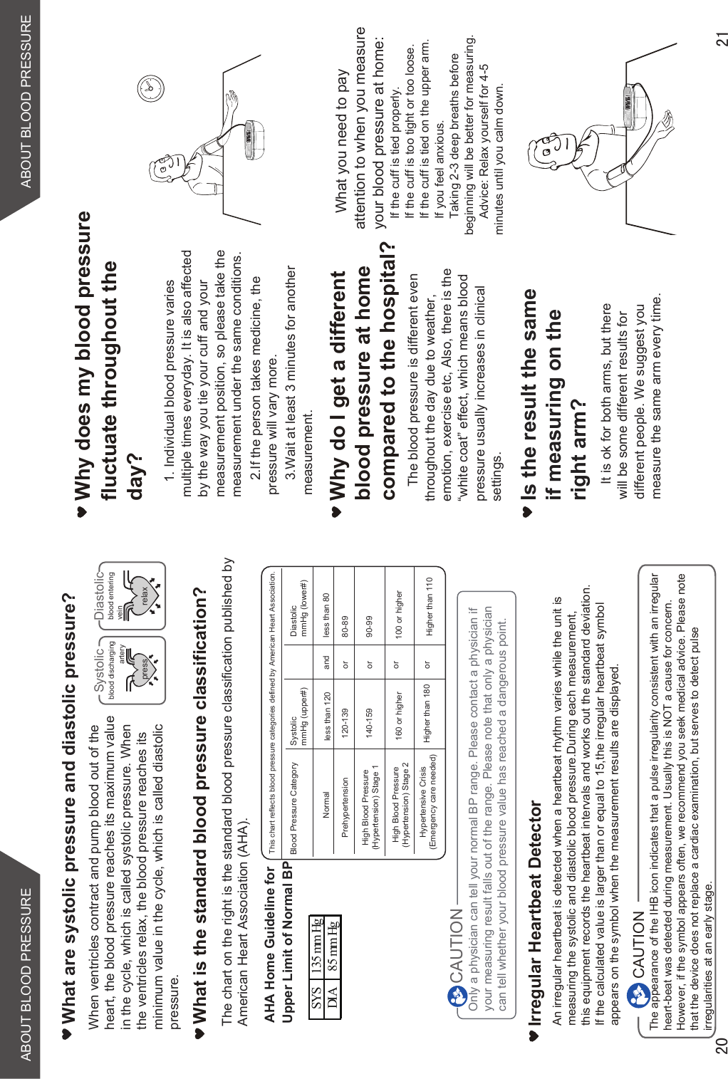 What are systolic pressure and diastolic pressure? pressartery veinblood dischargingSystolicrelaxblood enteringDiastolic  When ventricles contract and pump blood out of the heart, the blood pressure reaches its maximum value in the cycle, which is called systolic pressure. When the ventricles relax, the blood pressure reaches its minimum value in the cycle, which is called diastolic pressure.What is the standard blood pressure classification?Irregular Heartbeat DetectorCAUTIONThe appearance of the IHB icon indicates that a pulse irregularity consistent with an irregular heart-beat was detected during measurement. Usually this is NOT a cause for concern. However, if the symbol appears often, we recommend you seek medical advice. Please note that the device does not replace a cardiac examination, but serves to detect pulse irregularities at an early stage.Only a physician can tell your normal BP range. Please contact a physician if your measuring result falls out of the range. Please note that only a physician can tell whether your blood pressure value has reached a dangerous point.The chart on the right is the standard blood pressure classification published by American Heart Association (AHA).CAUTIONBlood Pressure CategoryNormalPrehypertensionHigh Blood Pressure(Hypertension) Stage 1High Blood Pressure(Hypertension) Stage 2Hypertensive Crisis(Emergency care needed)SystolicmmHg (upper#)DiastolicmmHg (lower#)less than 120120-139140-159160 or higherHigher than 180andororororless than 8080-8990-99100 or higherHigher than 110This chart reflects blood pressure categories defined by American Heart Association.AHA Home Guideline for Upper Limit of Normal BPSYS 135 mm HgDIA 85 mm HgAn irregular heartbeat is detected when a heartbeat rhythm varies while the unit is measuring the systolic and diastolic blood pressure.During each measurement, this equipment records the heartbeat intervals and works out the standard deviation. If the calculated value is larger than or equal to 15,the irregular heartbeat symbol appears on the symbol when the measurement results are displayed.Why does my blood pressure fluctuate throughout theday?Is the result the same if measuring on the right arm?Why do I get a different blood pressure at home compared to the hospital?STARTSTOPSTARTSTOP1. Individual blood pressure varies multiple times everyday. It is also affected by the way you tie your cuff and your measurement position, so please take the measurement under the same conditions.2.If the person takes medicine, the pressure will vary more.3.Wait at least 3 minutes for another measurement.The blood pressure is different even throughout the day due to weather, emotion, exercise etc, Also, there is the “white coat” effect, which means blood pressure usually increases in clinical settings.What you need to pay attention to when you measure your blood pressure at home: If the cuff is tied properly. If the cuff is too tight or too loose.If the cuff is tied on the upper arm.If you feel anxious.Taking 2-3 deep breaths before beginning will be better for measuring.        Advice: Relax yourself for 4-5 minutes until you calm down.It is ok for both arms, but there will be some different results for different people. We suggest you measure the same arm every time.ABOUT BLOOD PRESSUREABOUT BLOOD PRESSURE