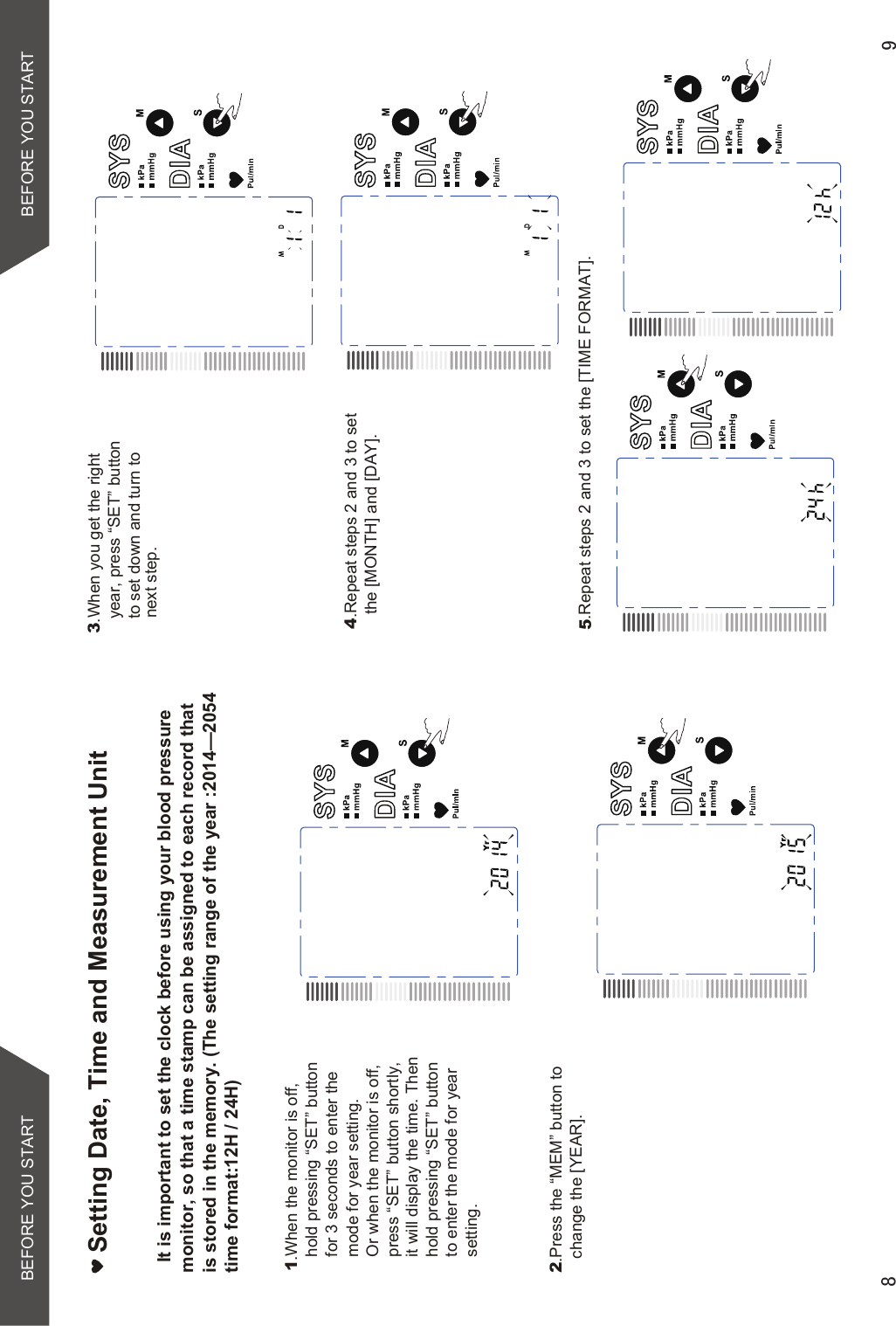 Setting Date, Time and Measurement Unit  It is important to set the clock before using your blood pressure monitor, so that a time stamp can be assigned to each record that  is stored in the memory. (The setting range of the year :2014—2054 time format:12H / 24H)1.When the monitor is off, hold pressing “SET” buttonfor 3 seconds to enter the mode for year setting.Or when the monitor is off,press “SET” button shortly,it will display the time. Thenhold pressing “SET” buttonto enter the mode for yearsetting.2.Press the “MEM” button to change the [YEAR].3.When you get the right year, press “SET” button to set down and turn to next step.BEFORE YOU START4.Repeat steps 2 and 3 to set the [MONTH] and [DAY].5.Repeat steps 2 and 3 to set the [TIME FORMAT]. BEFORE YOU START