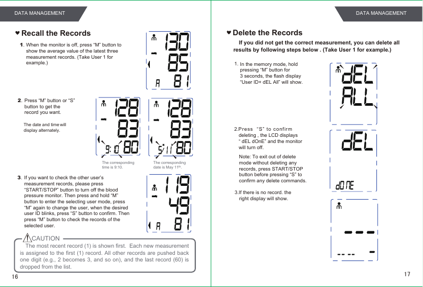 1.2.Press  “S” to confirm  deleting , the LCD displays “ dEL dOnE” and the monitor will turn off. If you did not get the correct measurement, you can delete all results by following steps below . (Take User 1 for example.)Delete the Records3.If there is no record. the right display will show.In the memory mode, holdpressing “M” button for 3 seconds, the flash display “User ID+ dEL All” will show.The most recent record (1) is shown first.  Each new measurement is assigned to the first (1) record. All other records are pushed back one digit (e.g., 2  becomes 3, and so on),  and the last record (60)  is dropped from the list.CAUTION3. If you want to check the other user’s measurement records, please press “START/STOP” button to turn off the blood pressure monitor. Then press and hold “M” button to enter the selecting user mode, press “M” again to change the user, when the desired user ID blinks, press “S” button to confirm. Then press “M” button to check the records of the selected user. Recall the Records1.2. The date and time  will display alternately.When the monitor is off, press “M” button to show the average value of the latest three measurement records. (Take User 1 for example.)Press “M” button or “S” button to get the record you want.The corresponding time is 9:10.The corresponding date is May 11  .thNote: To exit out of delete mode without deleting any records, press START/STOP button before pressing “S” to confirm any delete commands.1716DATA MANAGEMENT DATA MANAGEMENT