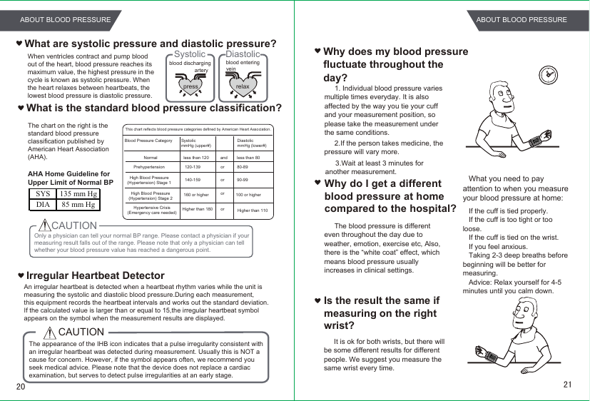 Why does my blood pressure fluctuate throughout theday?What are systolic pressure and diastolic pressure? What is the standard blood pressure classification?pressartery veinblood dischargingSystolicrelaxblood enteringDiastolic  CAUTIONIrregular Heartbeat DetectorThe appearance of the IHB icon indicates that a pulse irregularity consistent withan irregular heartbeat was detected during measurement. Usually this is NOT acause for concern. However, if the symbol appears often, we recommend youseek medical advice. Please note that the device does not replace a cardiacexamination, but serves to detect pulse irregularities at an early stage.An irregular heartbeat is detected when a heartbeat rhythm varies while the unit is measuring the systolic and diastolic blood pressure.During each measurement, this equipment records the heartbeat intervals and works out the standard deviation. If the calculated value is larger than or equal to 15,the irregular heartbeat symbol appears on the symbol when the measurement results are displayed.1. Individual blood pressure varies multiple times everyday. It is also affected by the way you tie your cuff and your measurement position, so please take the measurement under the same conditions.2.If the person takes medicine, the pressure will vary more.3.Wait at least 3 minutes for another measurement.Why do I get a differentblood pressure at homecompared to the hospital?The blood pressure is different even throughout the day due to weather, emotion, exercise etc, Also, there is the “white coat” effect, which means blood pressure usually increases in clinical settings.What you need to pay attention to when you measure your blood pressure at home: If the cuff is tied properly. If the cuff is too tight or too loose.If the cuff is tied on the wrist.If you feel anxious.Taking 2-3 deep breaths before beginning will be better for measuring.        Advice: Relax yourself for 4-5 minutes until you calm down.Is the result the same ifmeasuring on the rightwrist?It is ok for both wrists, but there will be some different results for different people. We suggest you measure the same wrist every time.When ventricles contract and pump blood out of the heart, blood pressure reaches its maximum value, the highest pressure in the cycle is known as systolic pressure. When the heart relaxes between heartbeats, the lowest blood pressure is diastolic pressure.The chart on the right is thestandard blood pressureclassification published byAmerican Heart Association (AHA).Only a physician can tell your normal BP range. Please contact a physician if your measuring result falls out of the range. Please note that only a physician can tell whether your blood pressure value has reached a dangerous point.CAUTIONAHA Home Guideline for Upper Limit of Normal BPSYS 135 mm HgDIA 85 mm HgBlood Pressure CategoryNormalPrehypertensionHigh Blood Pressure(Hypertension) Stage 1High Blood Pressure(Hypertension) Stage 2Hypertensive Crisis(Emergency care needed)SystolicmmHg (upper#)DiastolicmmHg (lower#)less than 120120-139140-159160 or higherHigher than 180andororororless than 8080-8990-99100 or higherHigher than 110This chart reflects blood pressure categories defined by American Heart Association.2120ABOUT BLOOD PRESSUREABOUT BLOOD PRESSURE