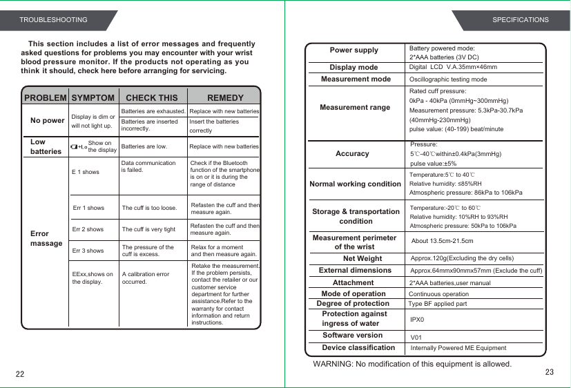 Power supply Battery powered mode:  2*AAA batteries (3V DC)Display mode Digital  LCD  V.A.35mm×46mmMeasurement mode Oscillographic testing modeMeasurement rangeAccuracyNormal working conditionStorage &amp; transportationconditionMeasurement perimeterof the wrist About 13.5cm-21.5cmNet Weight Approx.120g(Excluding the dry cells)External dimensionsAttachmentApprox.64mmx90mmx57mm (Exclude the cuff)2*AAA batteries,user manual  Mode of operation Continuous operationDegree of protection Type BF applied partProtection against ingress of water IPX0Software versionDevice classificationV01Internally Powered ME EquipmentWARNING: No modification of this equipment is allowed.This section  includes a  list of error  messages and  frequently asked questions for problems you may encounter with your wristblood pressure  monitor.  If the products not operating  as you think it should, check here before arranging for servicing.PROBLEM SYMPTOM CHECK THIS REMEDYNo powerLowbatteriesErrormassageDisplay is dim orwill not light up.Batteries are exhausted. Replace with new batteriesInsert the batteries correctlyReplace with new batteriesBatteries are insertedincorrectly.Show onthe display Batteries are low.Err 1 shows The cuff is too loose. Refasten the cuff and thenmeasure again.Err 2 shows The cuff is very tight Refasten the cuff and thenmeasure again.Err 3 shows The pressure of thecuff is excess.Relax for a momentand then measure again.EExx,shows on the display.A calibration erroroccurred.Retake the measurement.If the problem persists,contact the retailer or ourcustomer service department for further assistance.Refer to the warranty for contact information and return instructions.Pressure:5℃-40℃within±0.4kPa(3mmHg) pulse value:±5%Temperature:5℃ to 40℃ Relative humidity: ≤85%RHAtmospheric pressure: 86kPa to 106kPaTemperature:-20℃ to 60℃ Relative humidity: 10%RH to 93%RHAtmospheric pressure: 50kPa to 106kPaRated cuff pressure: 0kPa - 40kPa (0mmHg~300mmHg)Measurement pressure: 5.3kPa-30.7kPa(40mmHg-230mmHg)pulse value: (40-199) beat/minuteData communicationis failed.Check if the Bluetooth function of the smartphoneis on or it is during the range of distanceE 1 shows2322SPECIFICATIONSTROUBLESHOOTING